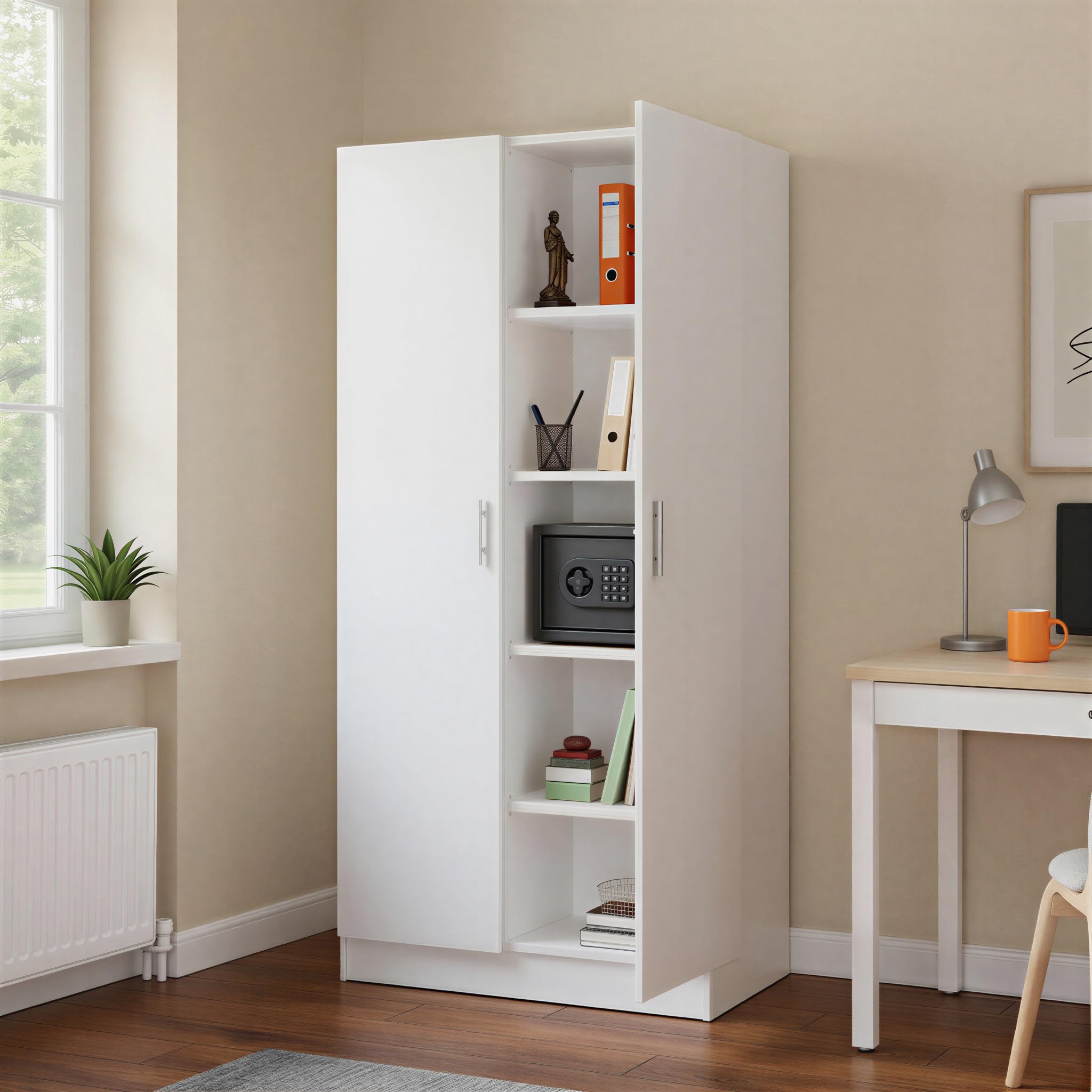 Amazon Basics Armoire de Rangement pour Cuisine, Couloir, Grande Armoire autoportante, Rangement de Garde-Manger étroit avec 2 Portes, étagères réglables, Blanc, 60 x 31,5 x 152,5 cm