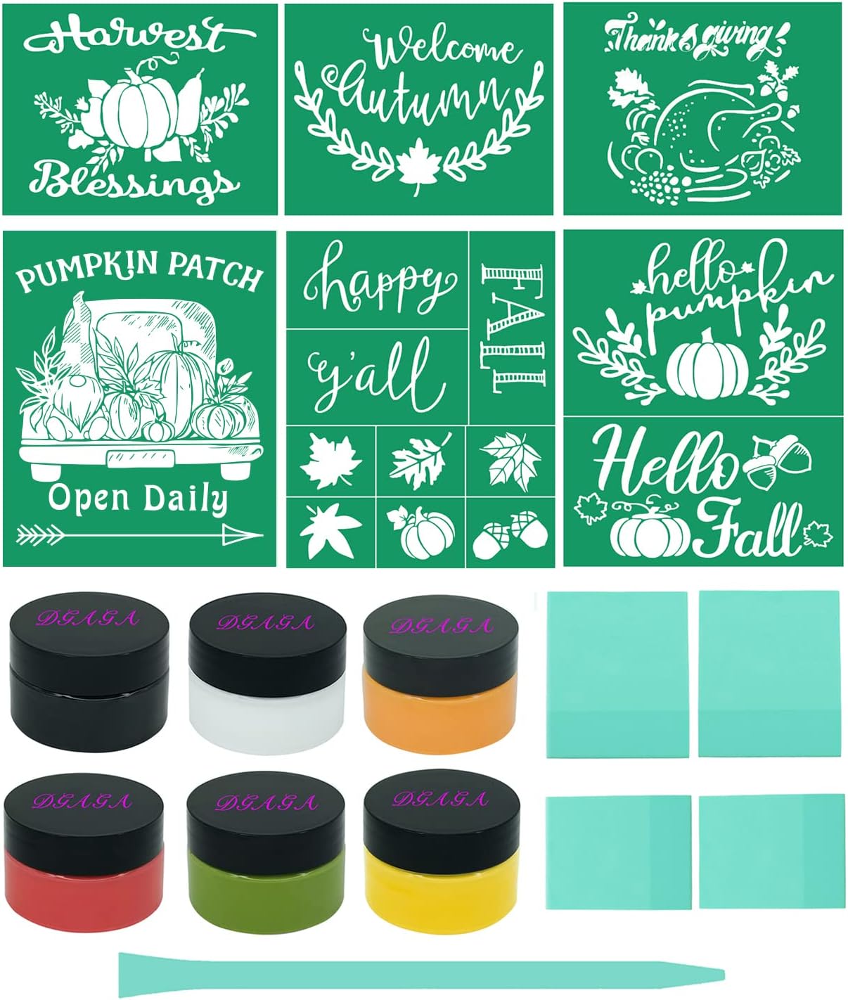 DGAGA Chalk Mesh Transfers Reusable Silk Screen Stencils Starter kit 17 PCS, Self Adhesive Transfers Farmhouse Fall Stencil with Chalk Paste Paint Screen Printing Tools Mini Squeegee