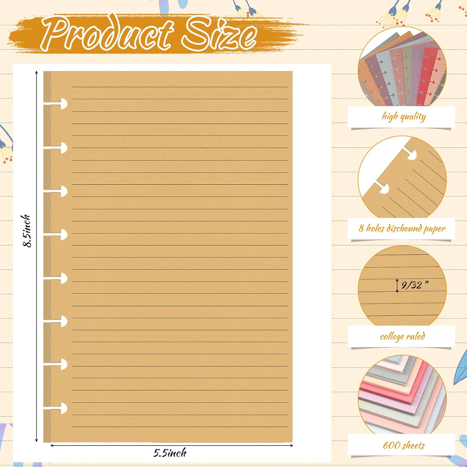 PerKoop 12 Pack 600 Sheets Half-letter Size Discbound Lined Planner Refill 5.5'' x 8.5'' College Ruled Size A5 8 Disc Notebooks 12 Colors Disc Notebooks Refill for Journaling(Vintage Color)