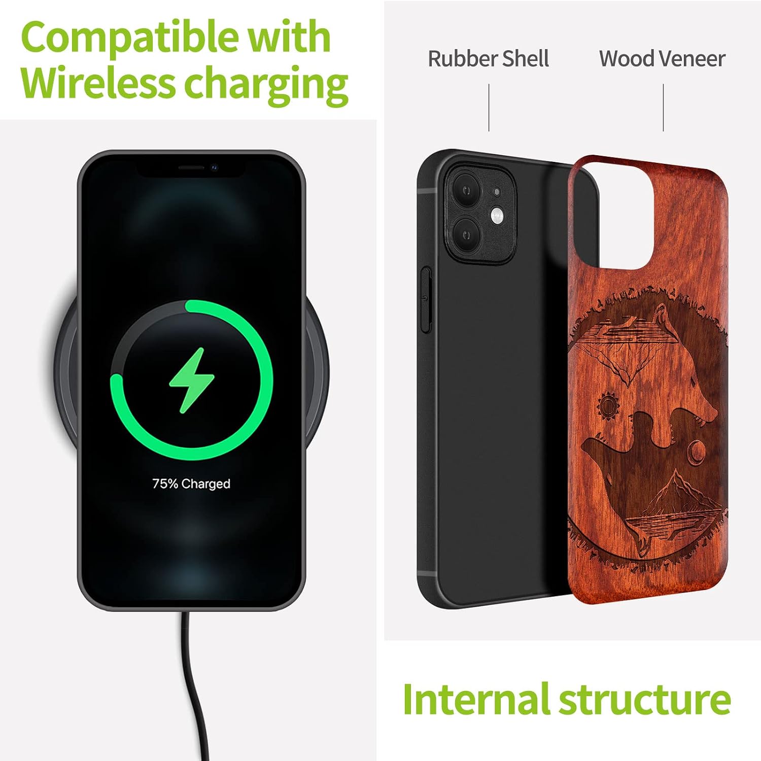 Carveit Magnetic Wood Case for iPhone 12 Mini Case [Natural Wood & Soft TPU] Shockproof Protective Unique & Classy Wooden Cover Compatible with MagSafe (Wolf-Tai Chi-Rosy)