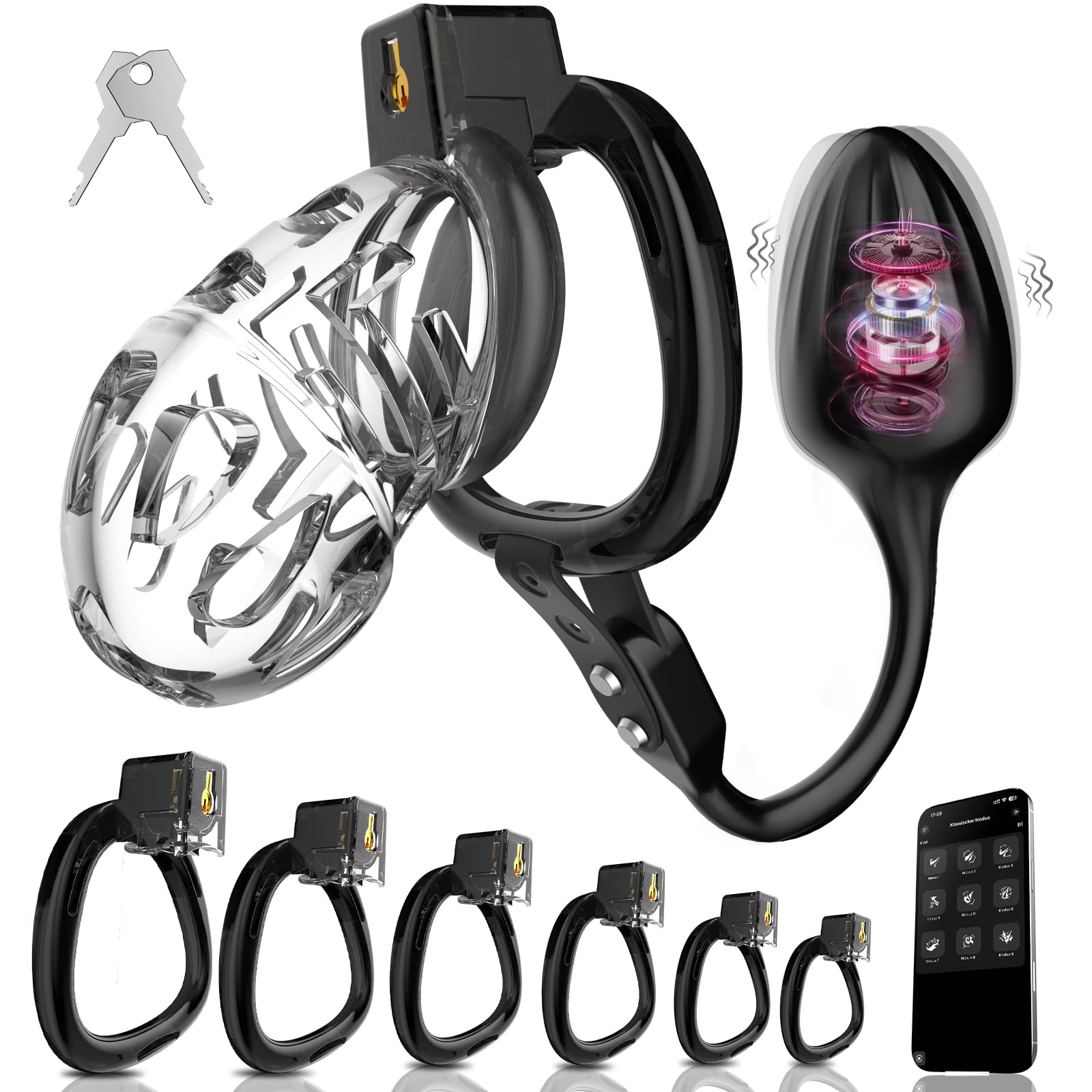 Peniskäfig Chastity Cage Männer Keuschheitskäfig Herren Extrem Mit Buttplug APP 9 Vibrationsmodi & 6 Cock Ring Harz Keuschheitsgürtel Cock Cage Sex Spielzeug für die Männer fesseln bondage fetisch(M)