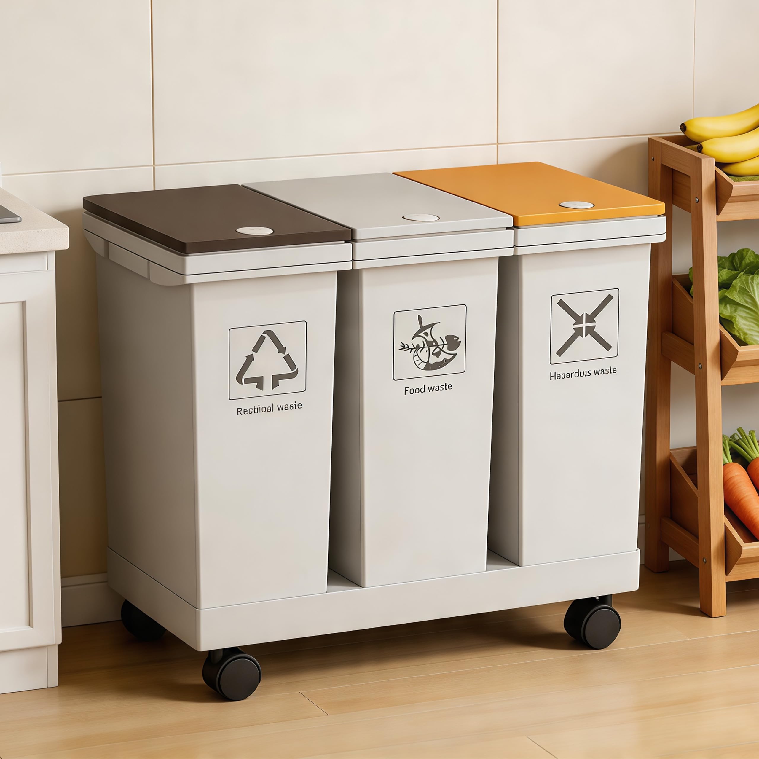 Mobiles Mülleimer Küche 3 x 12 L mit Rollen Mülltrennsystem 3 Fächer | mit Druckdeckeln für Zuhause und Büro Abnehmbarer Trash Can für Küchenabfälle Plastik Papier und Glas