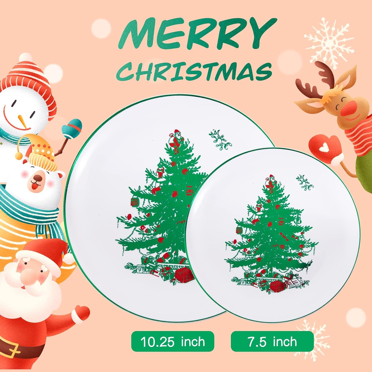 Rubtlamp 60PCS Christmas Plastic Plates, White Disposable Plates with Green christmas Tree, Fancy christmas Party Plastic Plate Include 30 Dinner Platos, 30 Dessert Platos for Parties
