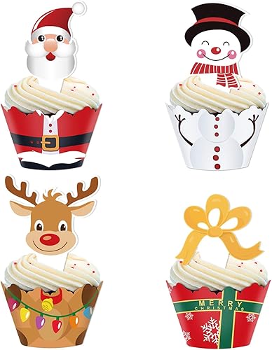 Decoración para cupcakes y envoltorios de Navidad, suministros para fiestas/recuerdos - Muñeco de nieve/Papá Noel/reno/caja de regalo 48 unidades