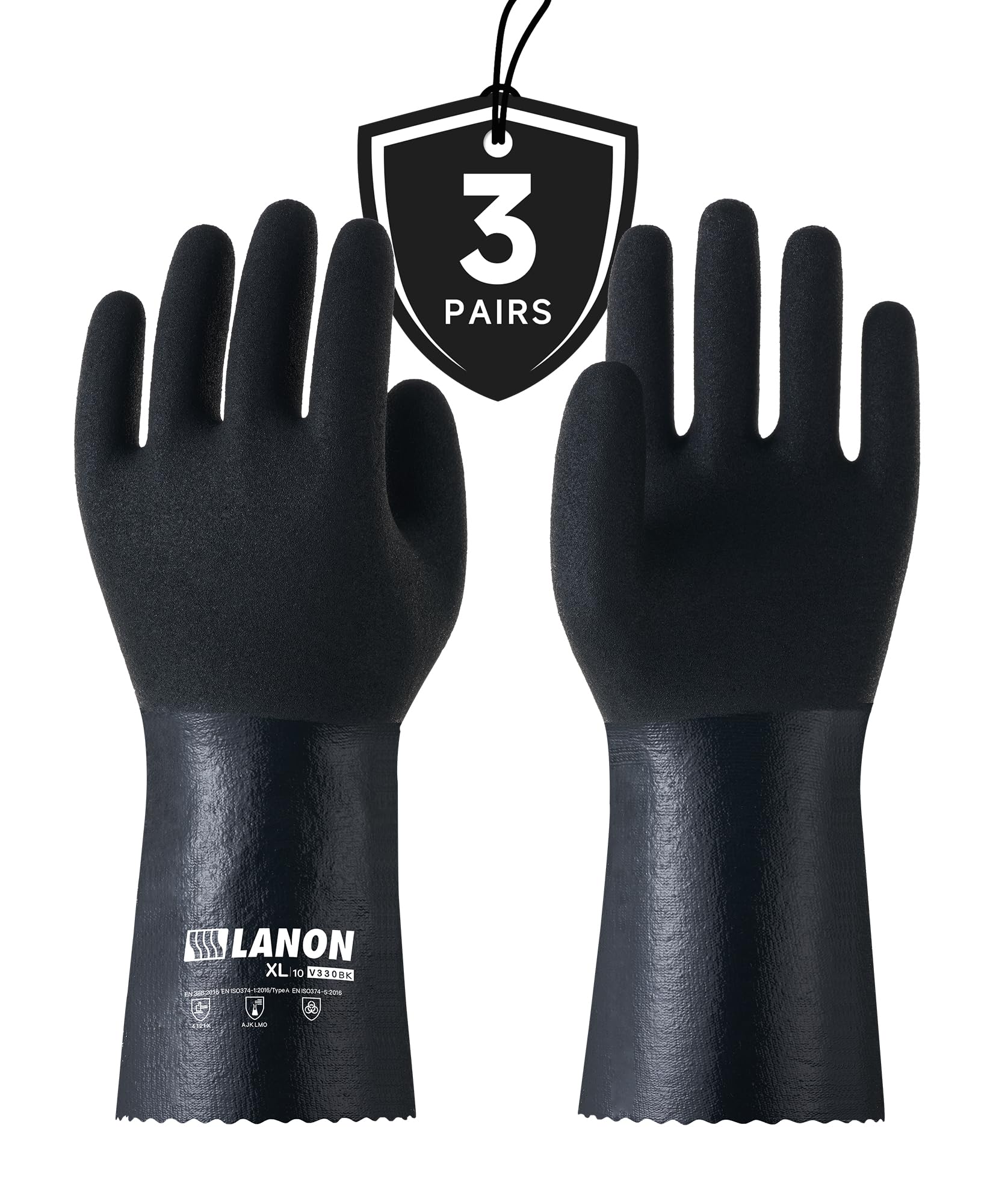 LANON 3 Pairs Nitrile Chemical Resistant Gloves, Reusable Heavy