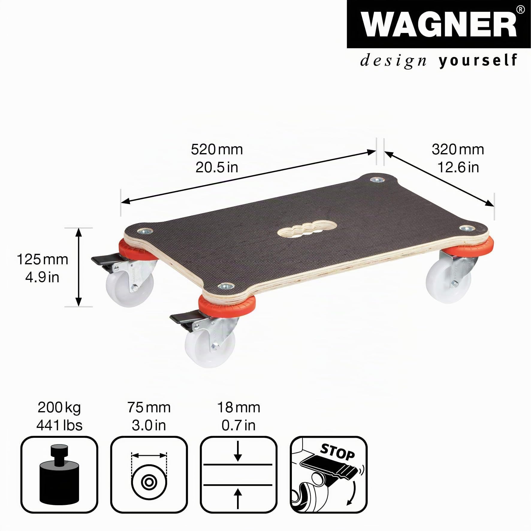 WAGNER Transportroller Transporthilfe I Schichtholz mit Grip 52 x 32 x 12,5 cm, Tragkraft 200 kgI Umzugsrollbrett für Möbel I Möbelroller für Umzüge mit Umgebung Schutzprotektoren I FSC® I Made in DE