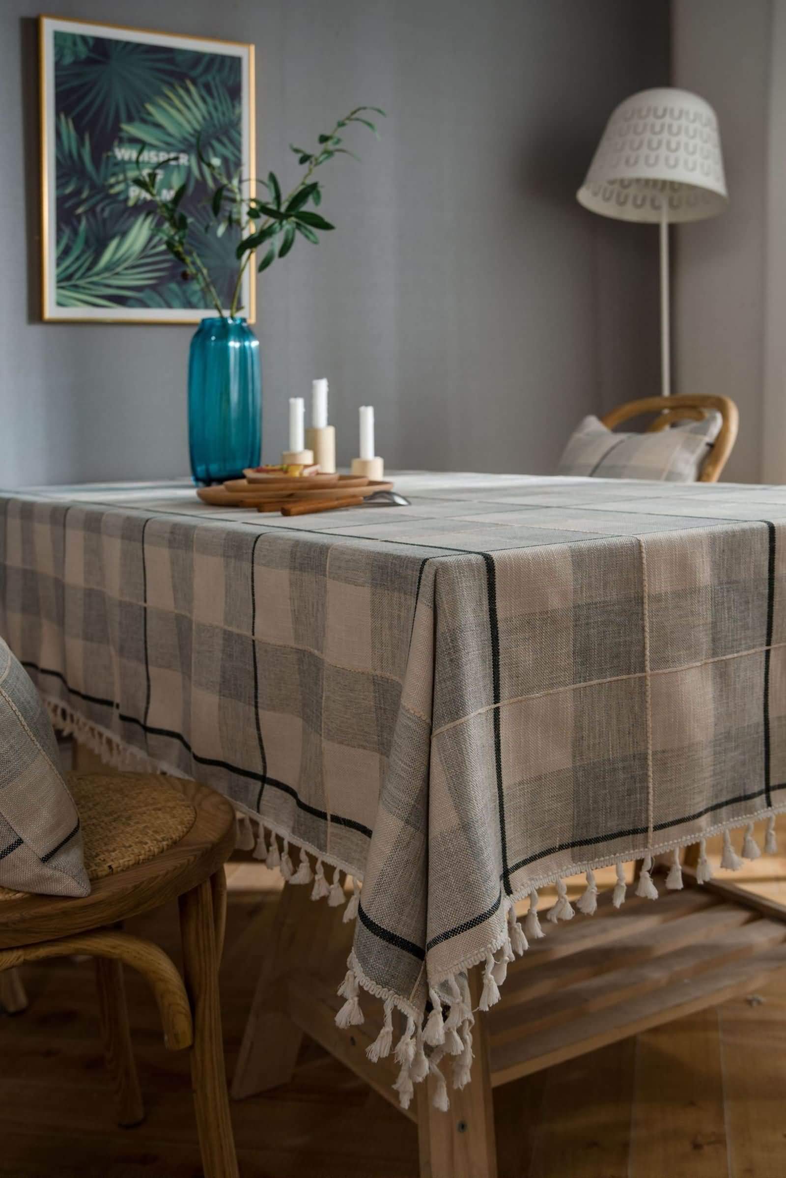 Nappe Gris Carré Extérieur Antitache, Motif à Carreaux avec Glands, Mélange Coton et Lin, 140 x 140 cm, Nappe pour Jardin et Terrasse