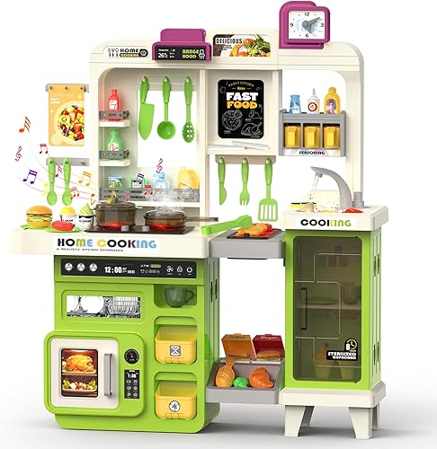 Miniatura 1 de Juego de cocina para niños con luces, sonidos y vapor, juego de cocina grande para niños pequeños con fregadero, parrilla, juegos de comida para