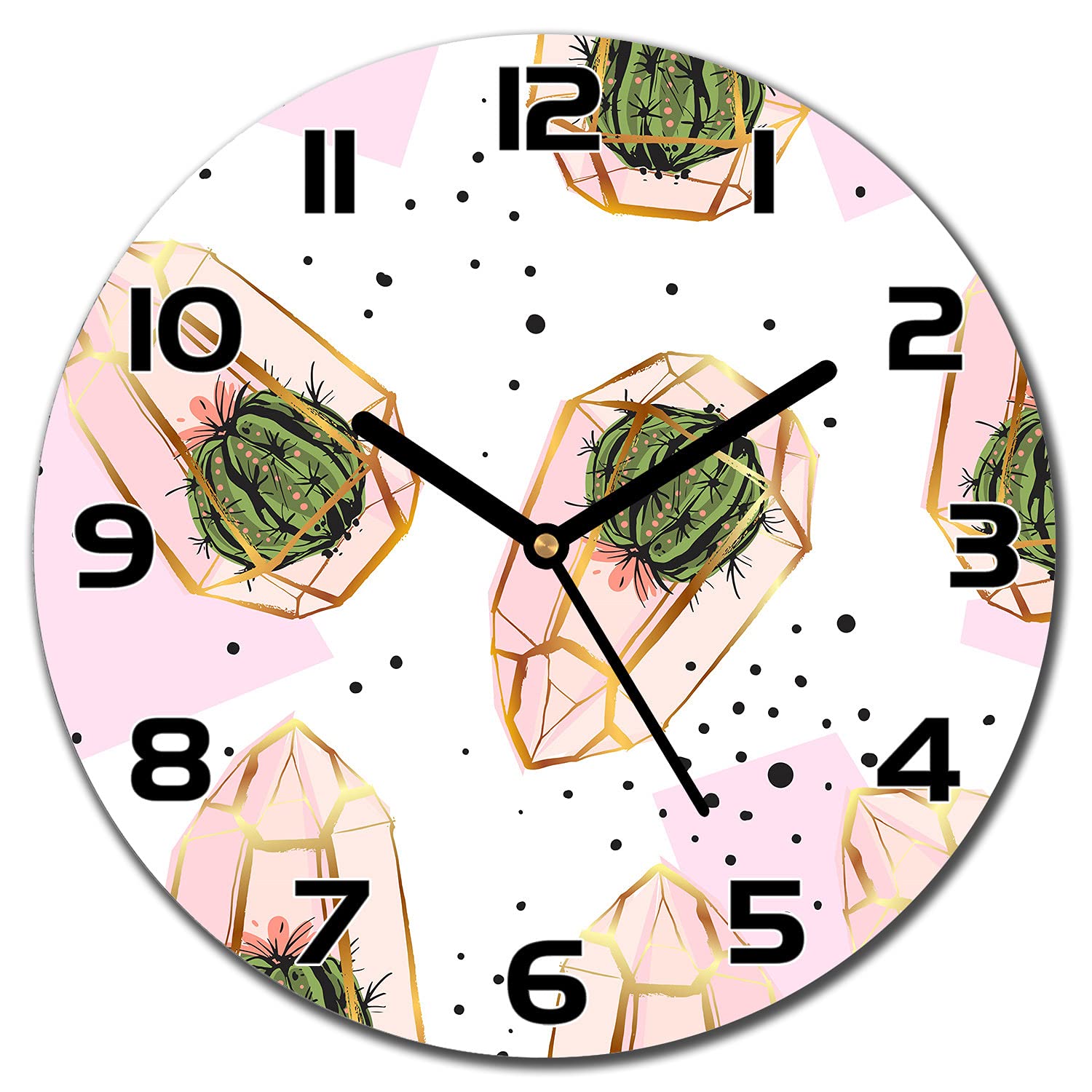 Horloge en verre Coloray 30 cm avec aiguilles noires au motif Dots Geometric Cactus