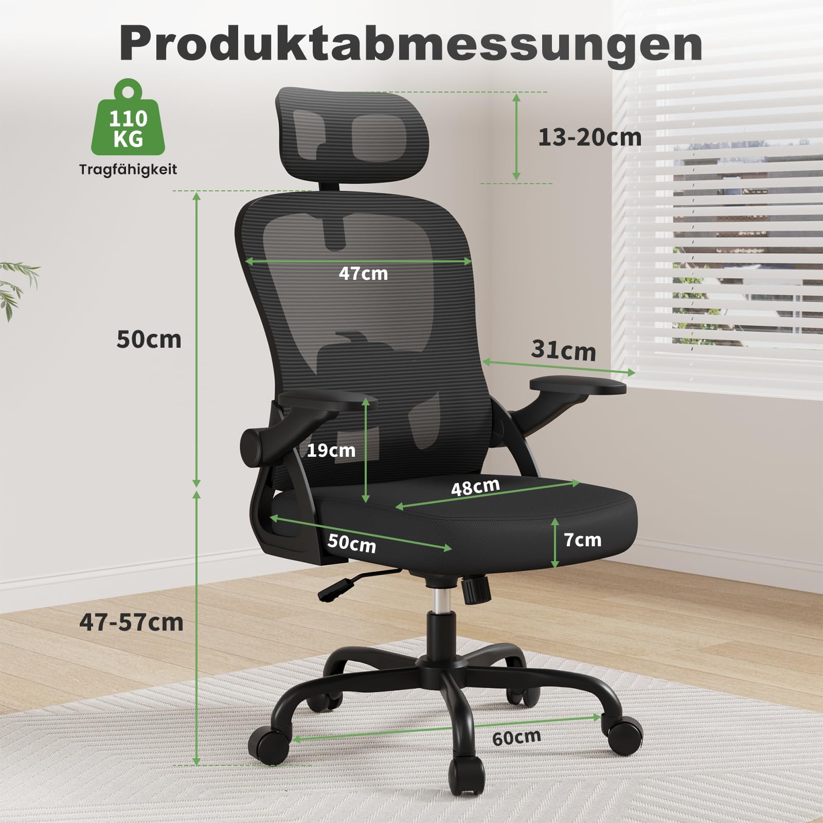 rattantree Bürostuhl, Schreibtischstuhl mit Verstellbarer Rückenlehne/Kopfstütze/Hochklappbaren Armlehnen, Kleiner Drehstuhl mit Wippfunktion 135°, Bürostuhl Ergonomisch mit Netzbezug, Schwarzer
