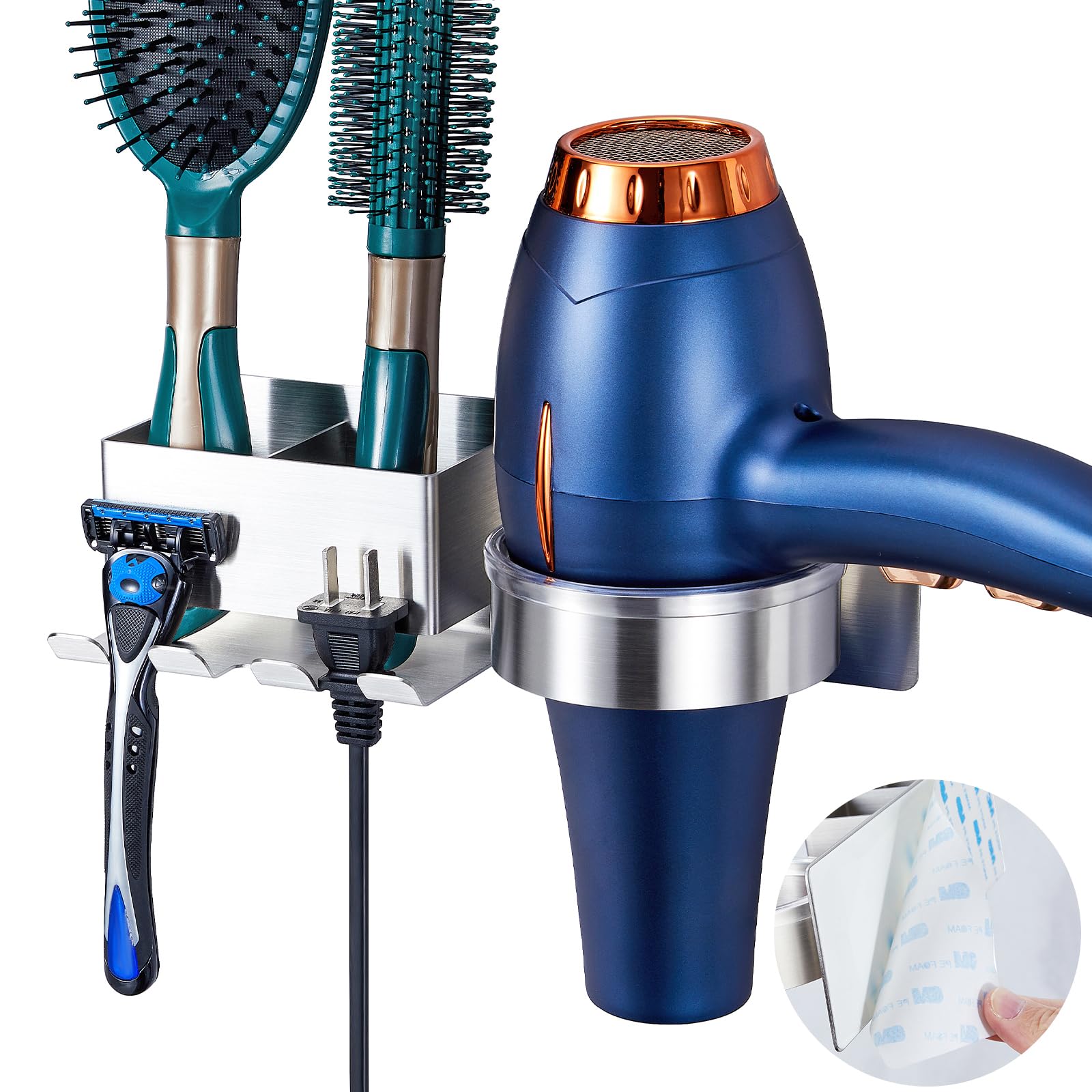 XILIMEN Hair Dryer Holder Wall Mounted, Blow Dryer Holder, Stainless Steel Hair Tool Organizer, Wall Hair Dryer Hook No Drilling, Adhesive Hairdryer Holder, Blowdryer Holder for Bathroom