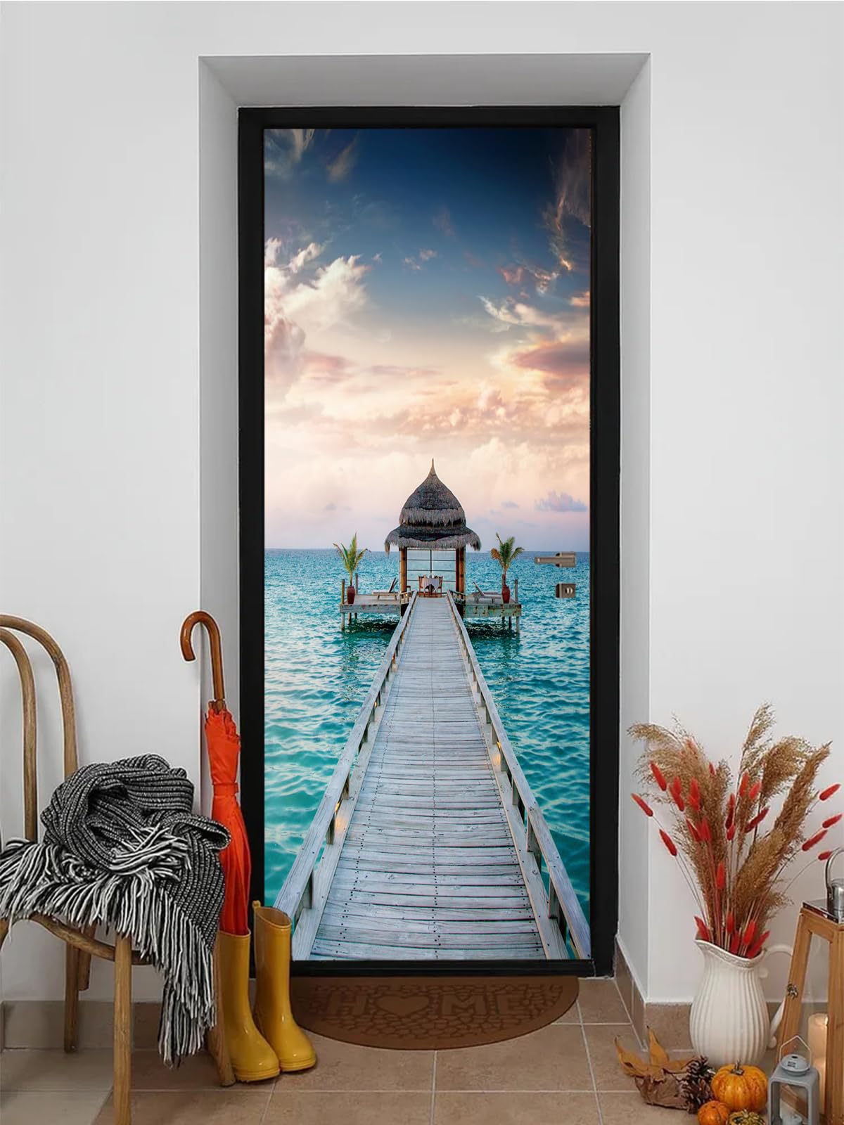 FLFK 3D Sea Wood Bridge Door Sticker Peel and Stick 77x200cm,Self-Adhesive Door Wallpaper Poster Wall Murals for Home Decor(2Pcs/Set)