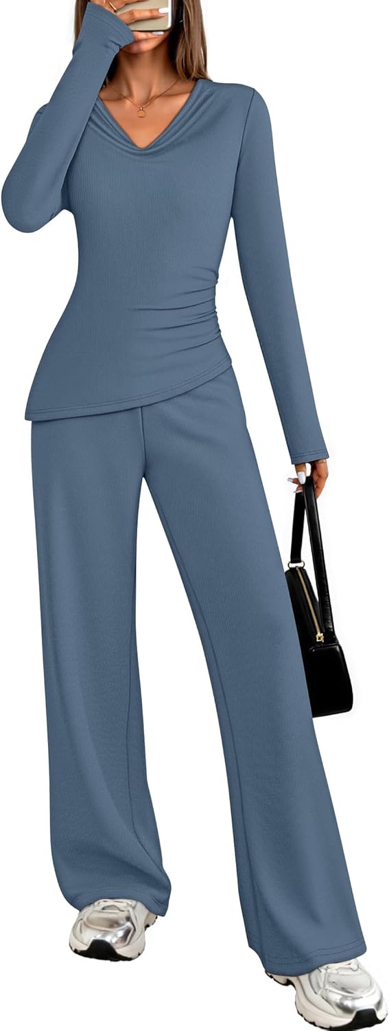 ZESICA Womens 2026 Spring Summer Asymmetrical Lounge Sets Long Sleeve V Neck Top Wide Leg Pants 2 Piece Matching Set Outfit