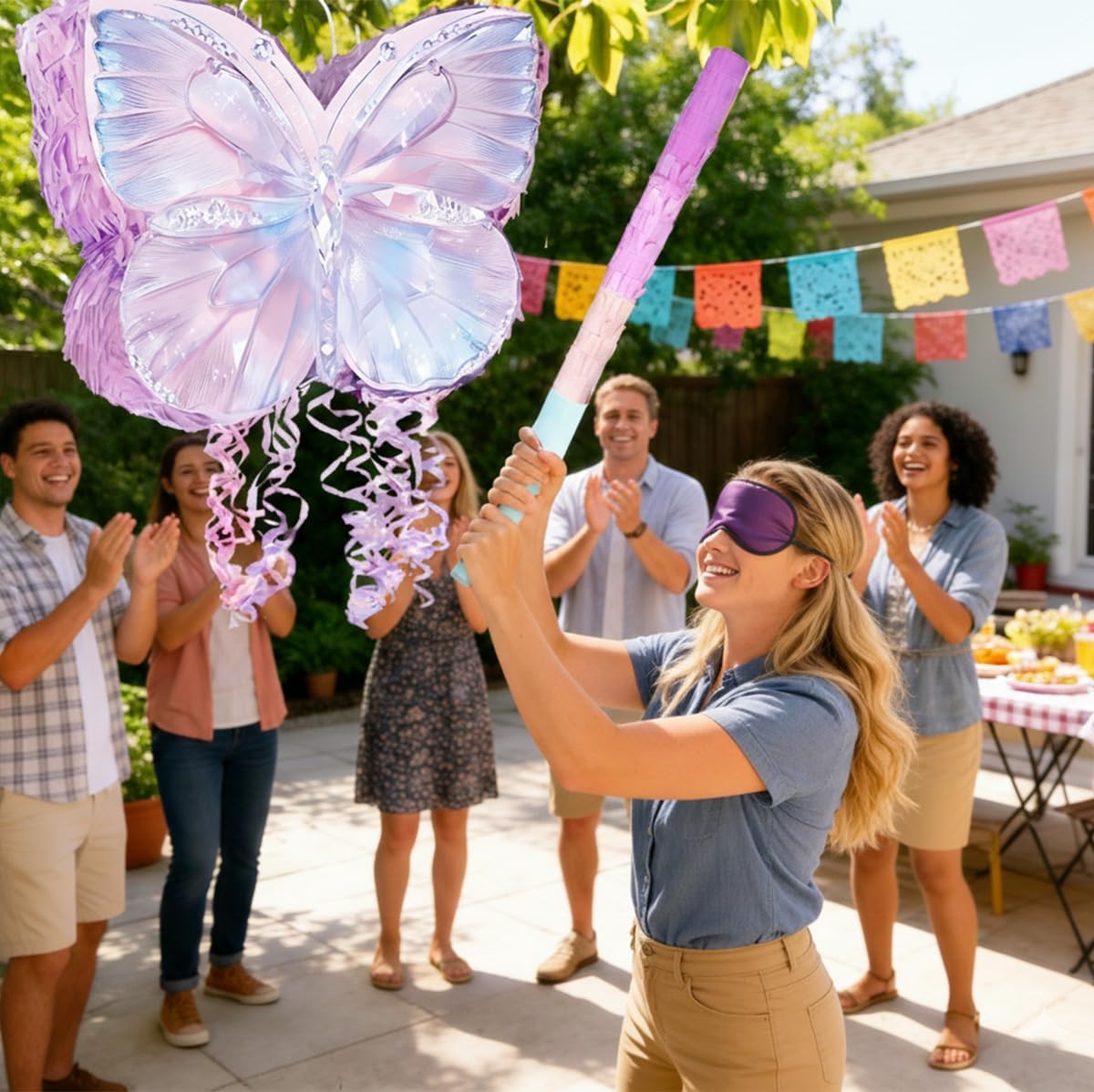 Butterfly Pinata Set - Purple Crystal Butterfly Pull String Piñata with Blindfold, Bat, Confetti for Birthday Fairy Party Decorations (16.1'')