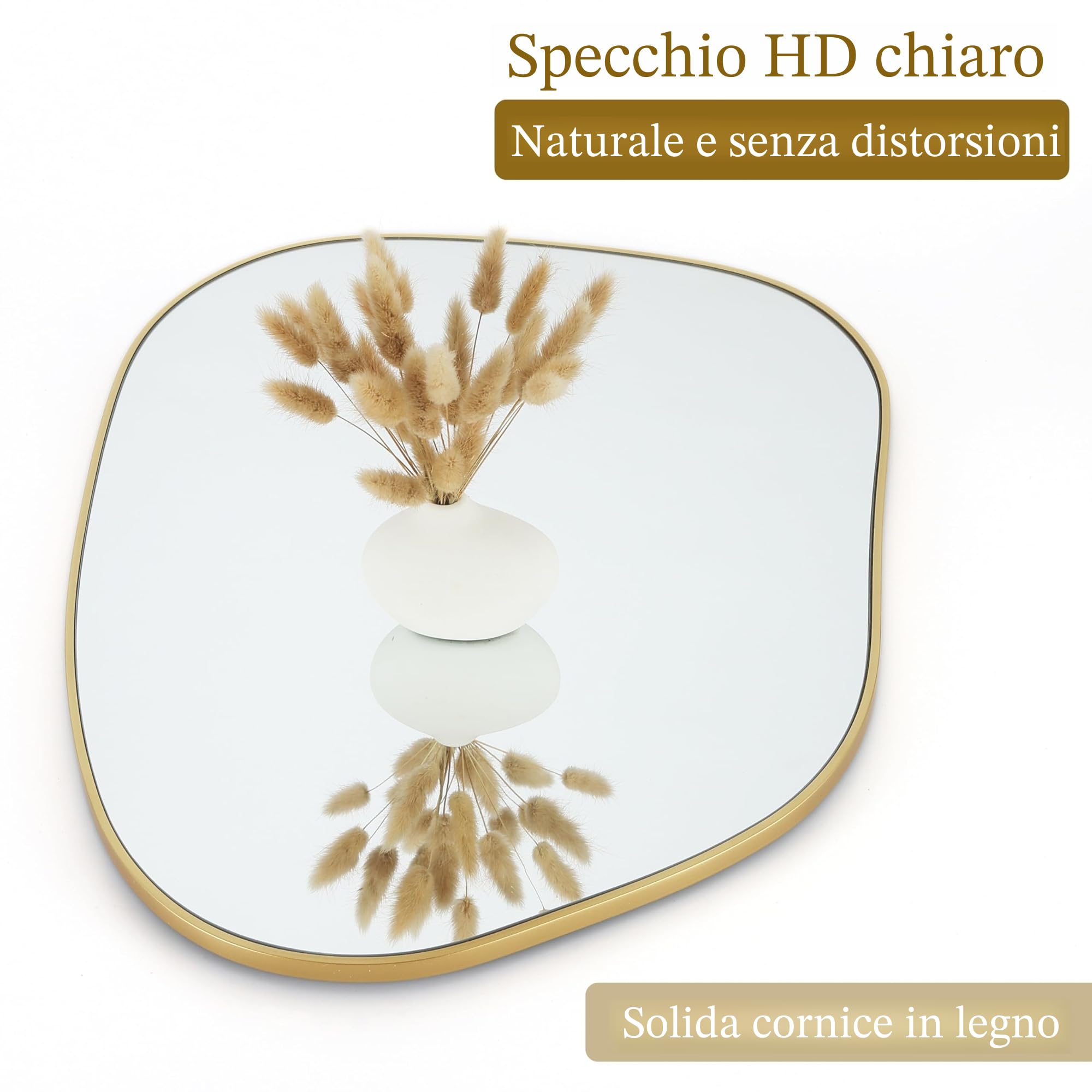 PERFNIQUE Specchio da parete irregolare, asimmetrico, 69 x 48 cm, oro, per bagno, camera da letto, soggiorno, ingresso, decorativo, moderno, bohémien