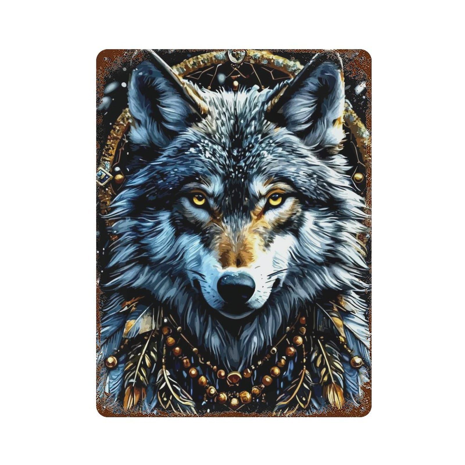 Wolf Portrait with Dreamcatcher Elements 15.7"x11.8" Rust Effect Tin Sign, Vintage Wall Decor for Farmhouse, Kitchen And Entryway Decor