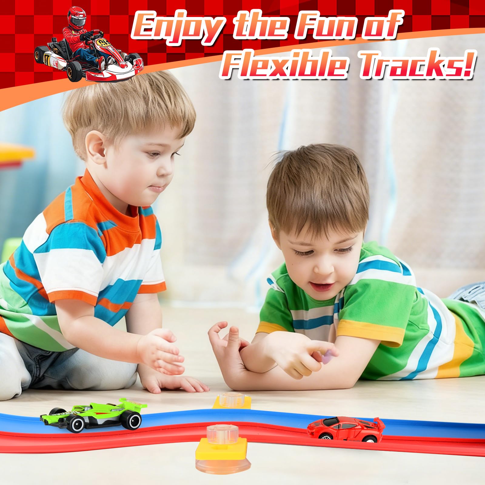 Pista Macchinine Flessibile 5M per Bambini, Pista da Corsa con 6 Auto e Borsa Portaoggetti, Binari Portatili Giocattolo (Rosso Blu), Regalo per Compleanno e Natale di Ragazzi Ragazze
