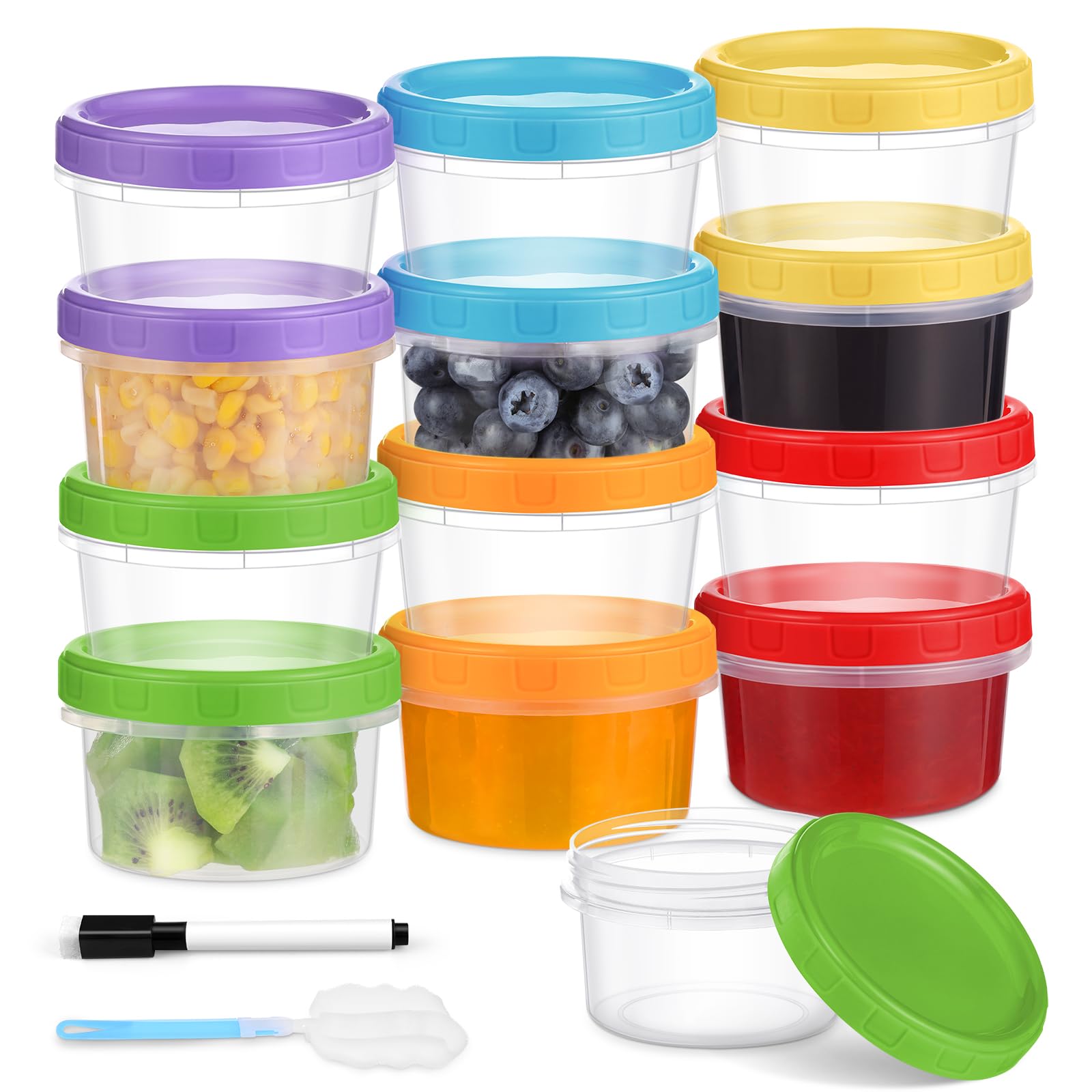 Yomarket 8 oz Plastic Containers with Lids, 12 Pack Stackable Small Freezer Container, Reusable Clear Food Storage Meal Prep Containers for Snack Fruit, Microwave & Dishwasher Safe, with Pen & Brush