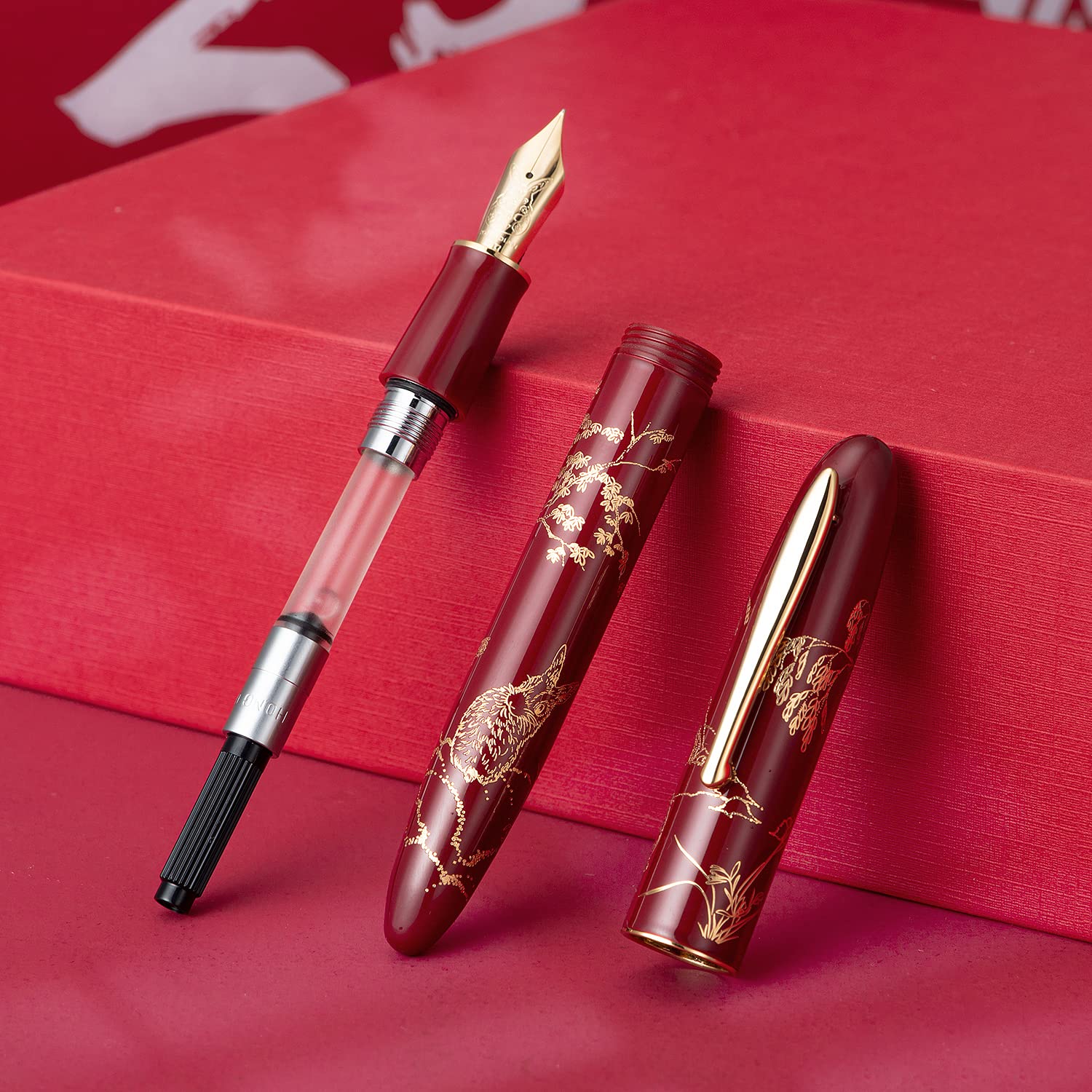 erofa Hongdian N23 Red Rabbit Füllfederhalter, Lange Klinge Mittlere Spitze Gold Trim, jahr Glück Hase Schnitzerei Design, Glatt Schreibstift mit Konverter und Metall Stift Box Set