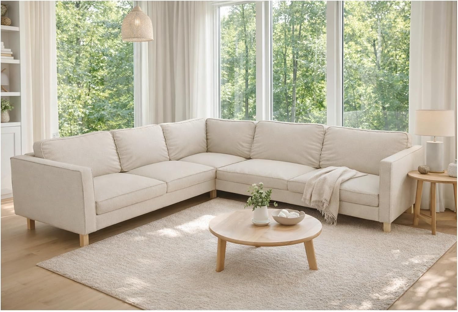 Polyester Karlstad Corner Sofa Cover (2+3/3+2) Replacement, is Custom Made for IKEA Karlstad Sectional Slipcover Replacement (Beige Polyester)