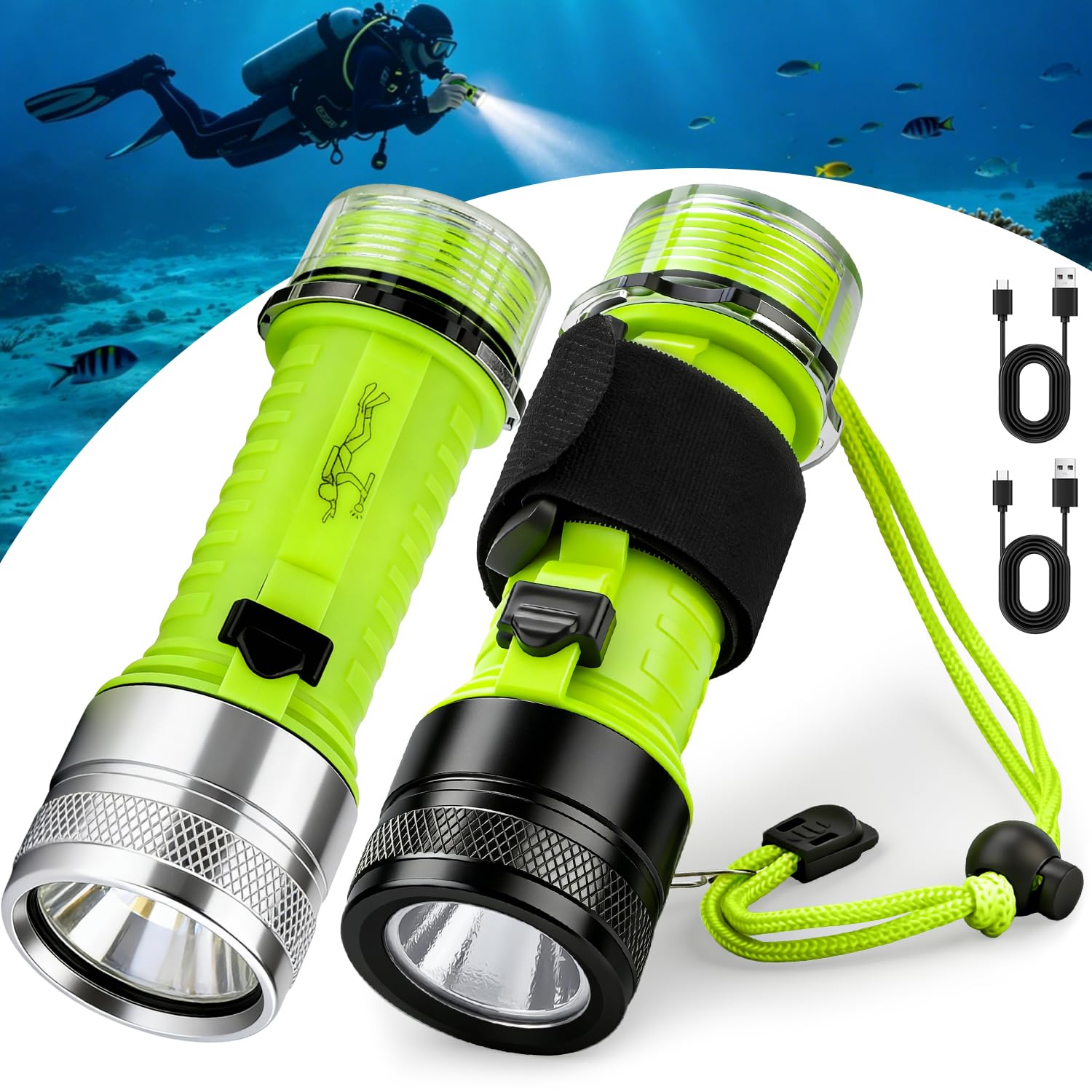 Torcia subacquea, 2 pezzi, 1500 lm, ricaricabile, IPX8, impermeabile, 3 modalità, torcia subacquea con cinturino da polso, LED per sport subacquei
