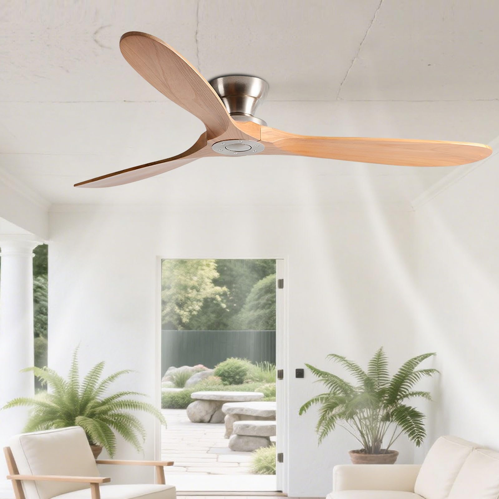 IBalody Solid Wood 52in Ceiling Fan Without Lights Flush Mount Ceiling Fans With Remote Control 6 Speeds, Wood Blades Modern Ceiling Fan No Light For Bedroom/Farmhouse/Patio/Indoor
