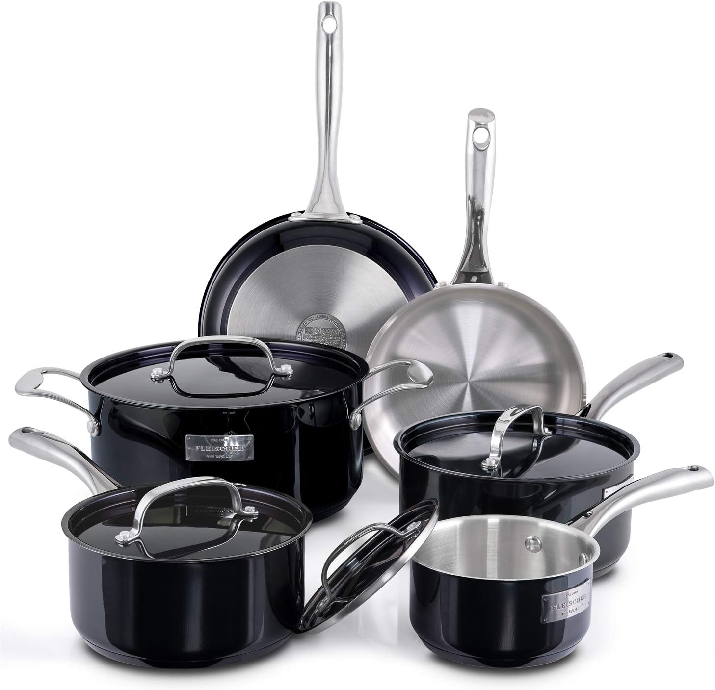 Fleischer & Wolf Cookware Sets 10-Piece,Hard Anodized Dishwasher Safe PFOA Free,Pots and Pans Sets,Titanium Coated,Stainless Steel,Oven Safe 500F, Induction Compatible (Black)