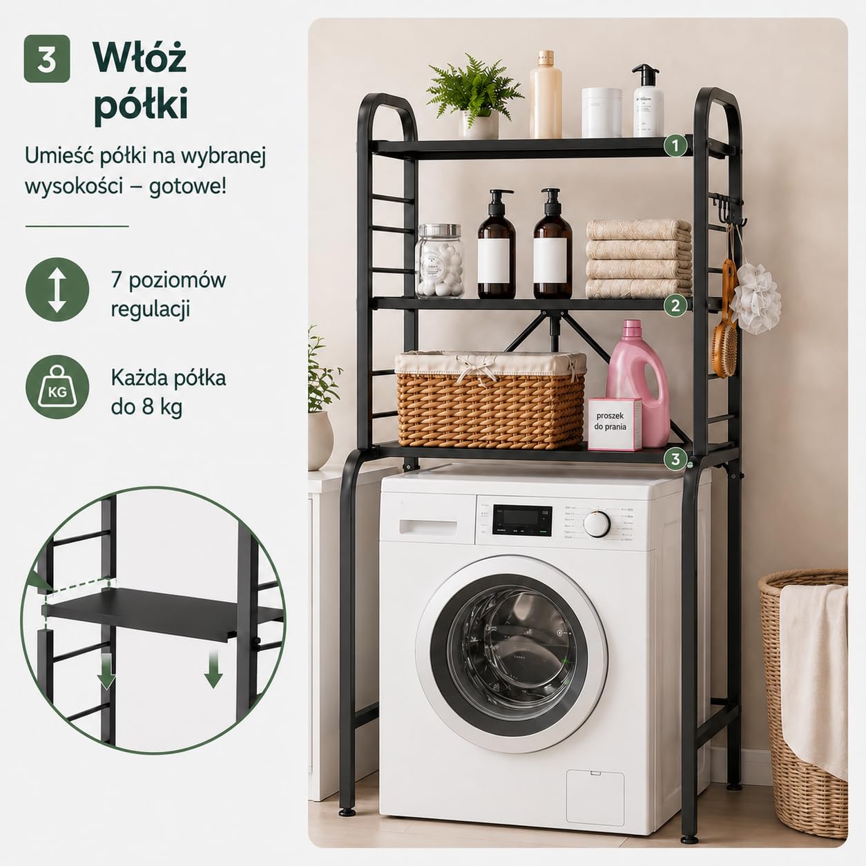 Regał nad Pralkę Metalowy 3 Poziomy, Szafka Regał nad Pralkę z 8 Haczykami, Regulowana Wysokość, Stabilny Organizer do Łazienki WC Pralni, 66x155x49 cm