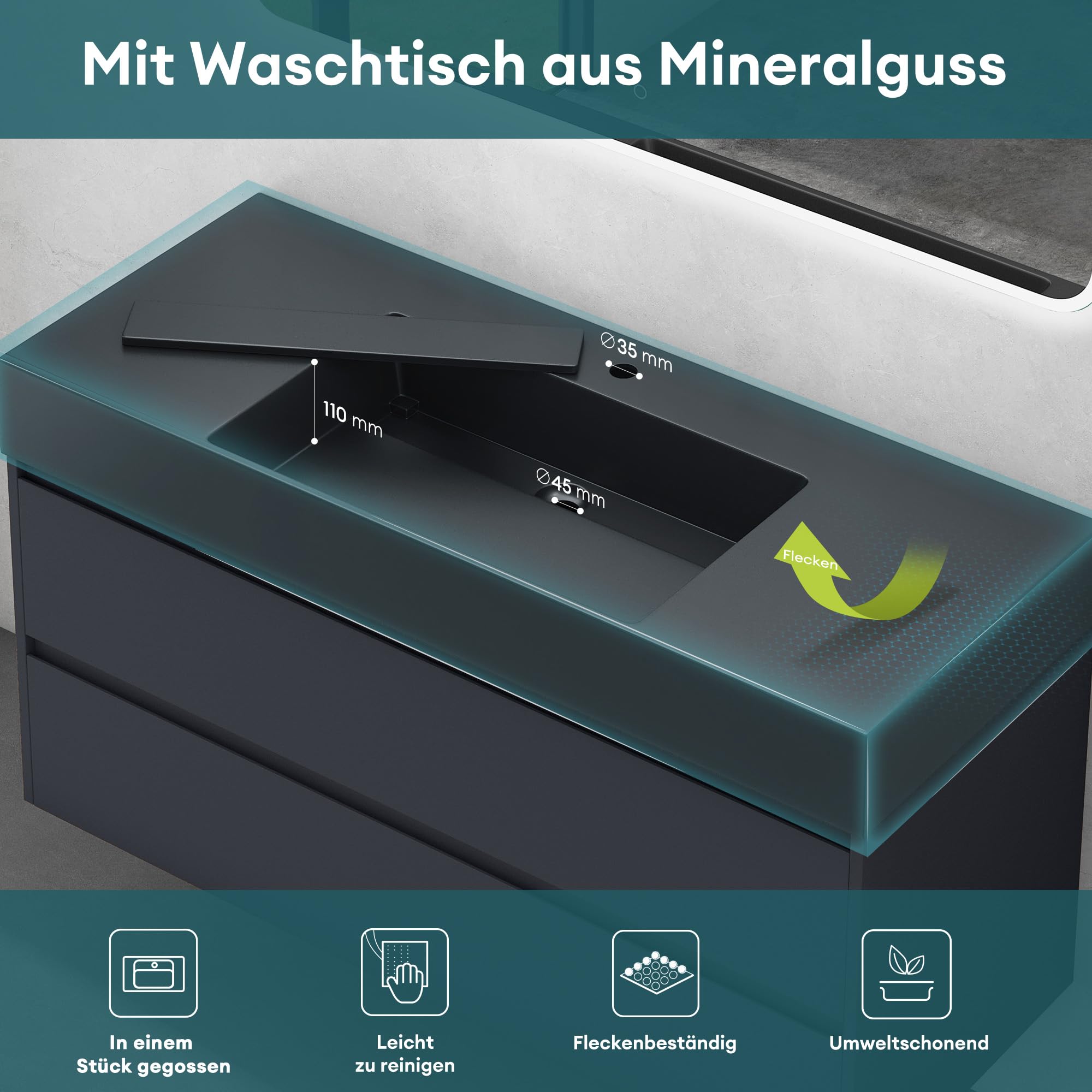 Mai & Mai Waschtisch Waschbeckenunterschrank inkl. Waschbecken | Badmöbel set, Badmöbel set, 120x48x63cm, in Anthrazit matt, mit 2-Schubladen, in Anthrazit, Deep