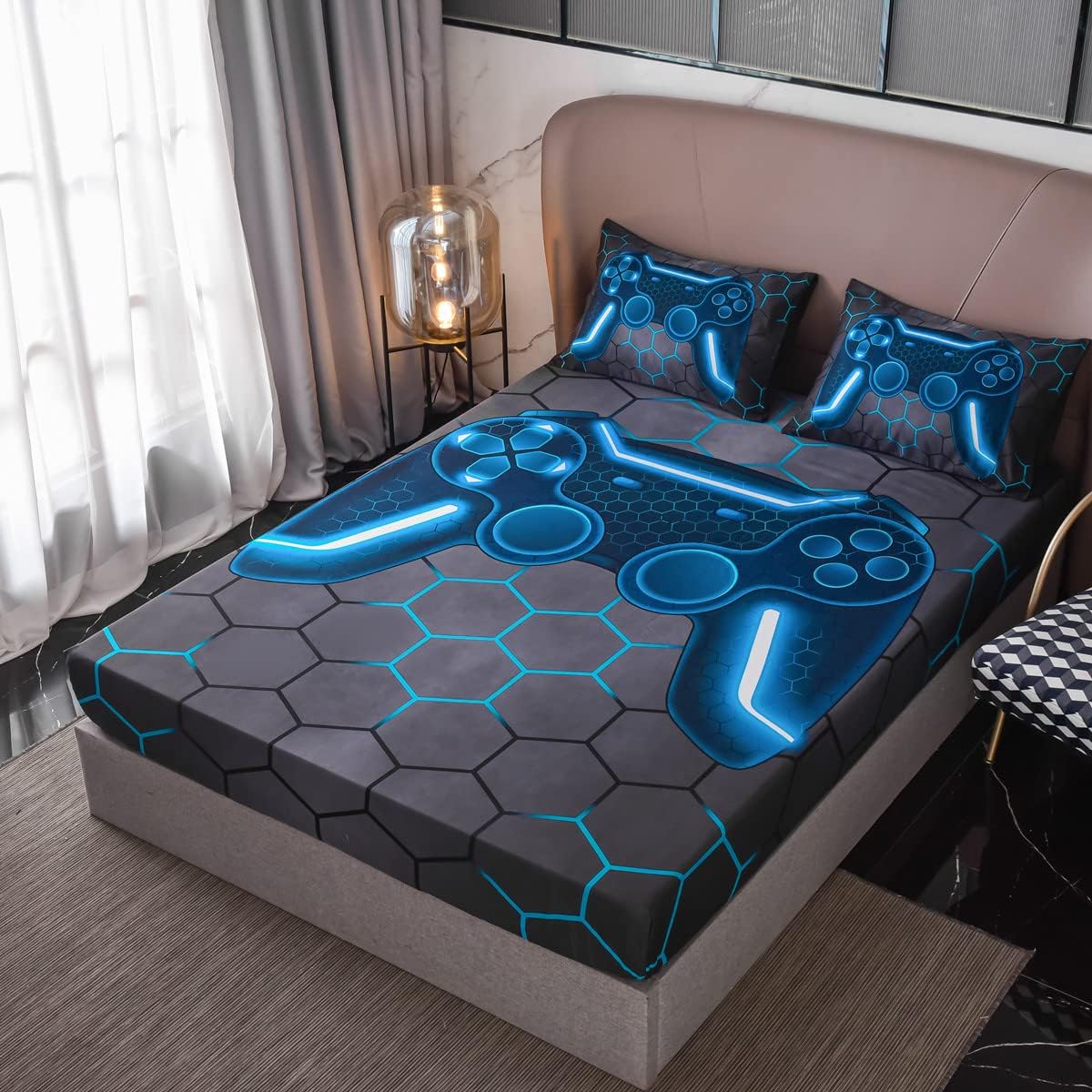 NTBED Game Console Fitted Sheet Set for Boys Girls Kids 3D Gaming Geometric Lightweight Gamer Microfiber Mattress Cover Sets(Blue,Twin) - Image 2