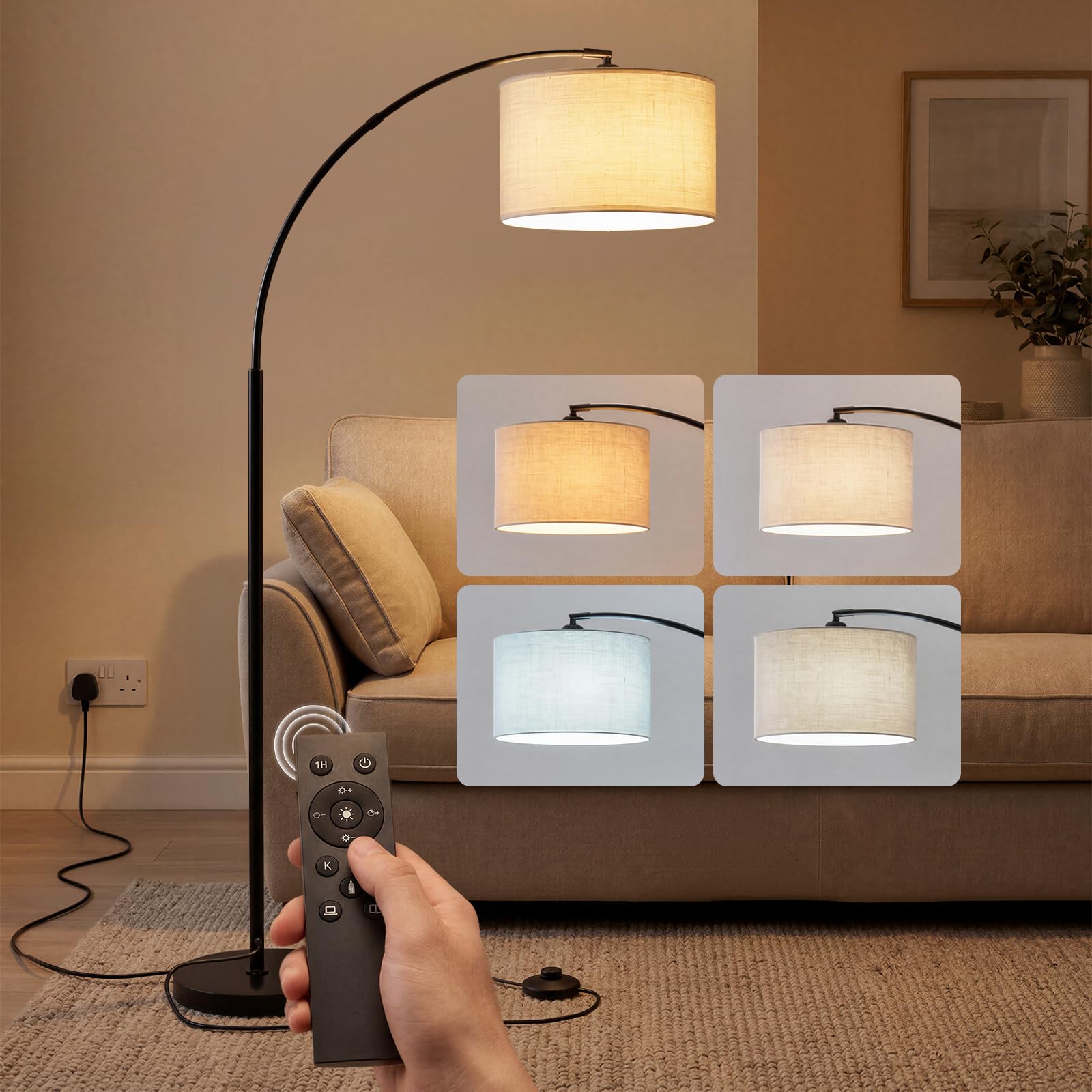 Emitto Floor Lamp, Arc Floor Lamp, Floor Standing Lamp with Remote & Foot Switch, 4 Color Temperatures, Stepless Dimmable, Black Floor Lamp for Bedroom, Living Room (Bulb Included)