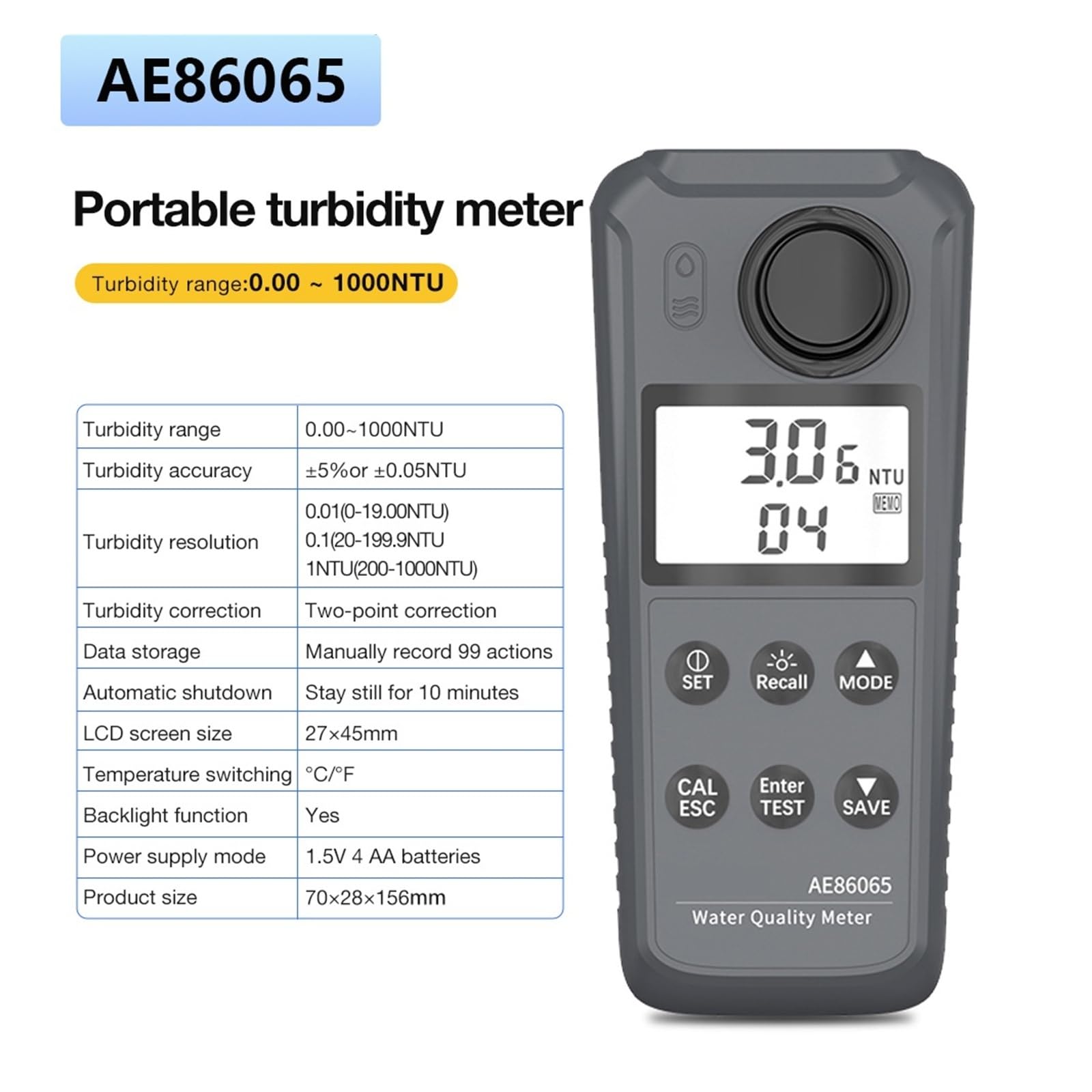AE86065 Medidor De Turbidez Digital for Grifo De Piscina 0-1000 NTU Alta sensibilidad