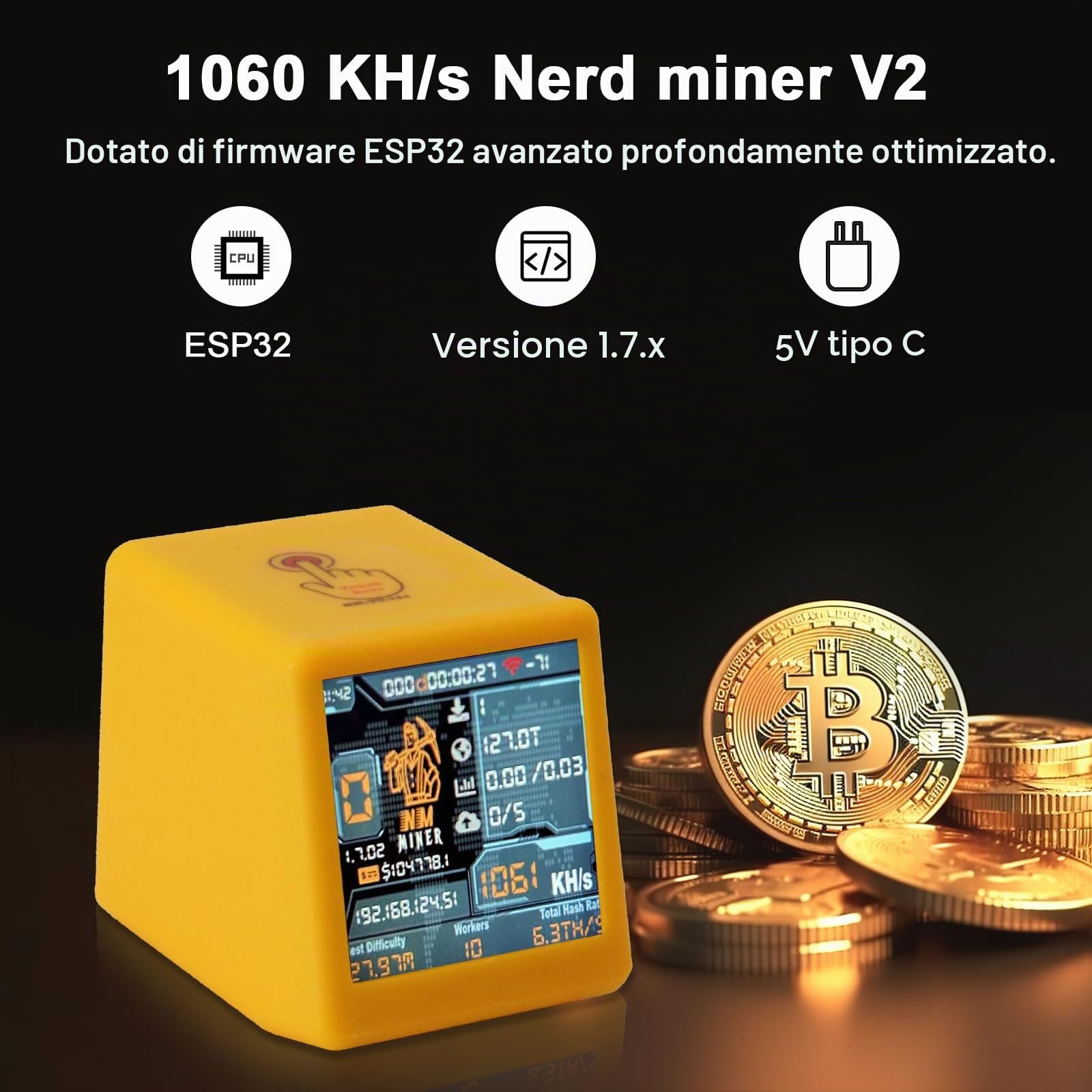 Nerdminer Binghe 1060 KH/s Display intelligente con ESP32 e orologio da tavolo Bitcoin Solo Lottery Miner v2