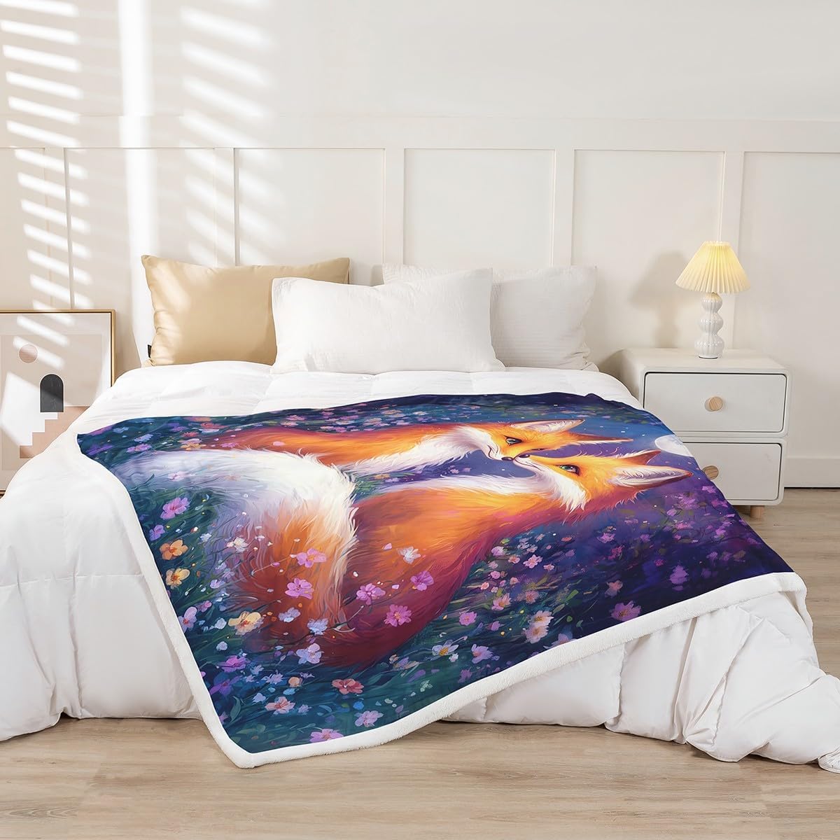 Castle Fairy Jungle Fox Sherpa Blanket Romantic Fox Couple Lightweight Polyester Blanket Valentine's Day Fleece Blanket Dreamy Watercolor Flowers Bed Blanket Queen for Home Bedroom Sofa Bed