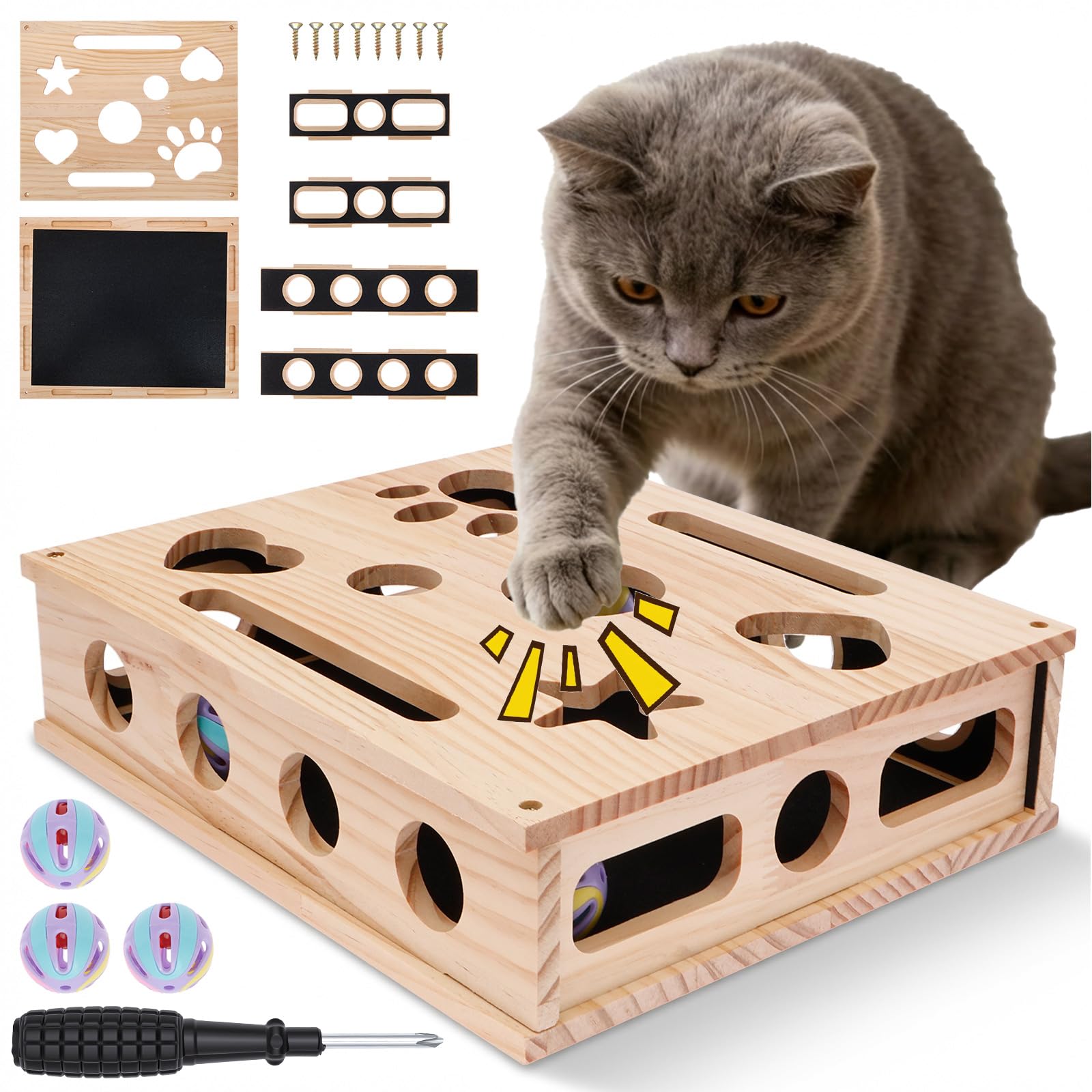 Cat Nail File Scratcher Cat Scratch Puzzle Enrichment Box with 3 Bell Balls & Sandpaper Inside Solid Wood Cat Nail File Box for Indoor Cats Interactive Cats Puzzle Toy Stress Release Alternative