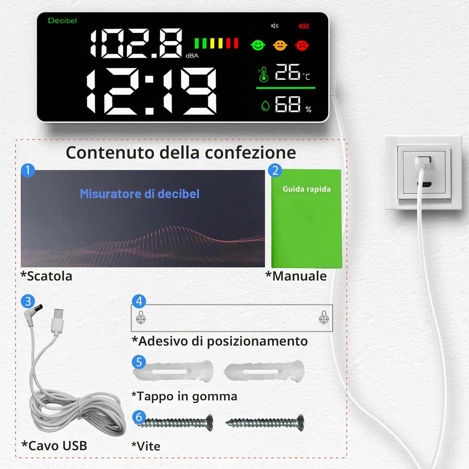 Misuratore di Livello Sonoro da Appendere a Parete 30~130dB Misuratore di Livello Sonoro 11" LED Fonometro Misuratore Decibel/Temperatura/Umidità con Indicatore, Fonometro ricaricabile e USB Cavo