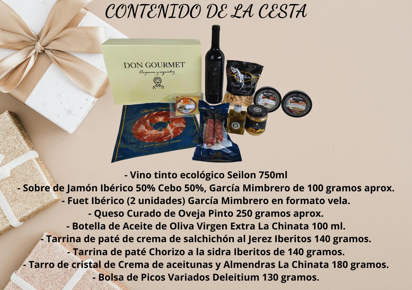 DON GOURMET, Cesta Gourmet para Regalar, Personalizable, Queso curado, jamón ibérico, Fuet ibérico, lote embutidos ibéricos, aceite de oliva, patés, pack ibéricos, Regalo Profesor.