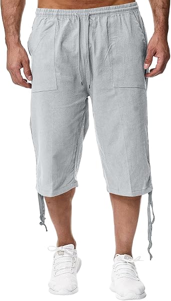 Mens Summer Linen Capri Pants Baggy Wide Leg Capris Pants Elastic Waist Oversized Lightweight Pocket Lounge Crop Pant