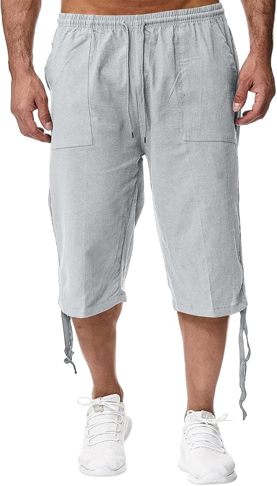 Mens Summer Linen Capri Pants Baggy Wide Leg Capris Pants Elastic Waist Oversized Lightweight Pocket Lounge Crop Pant