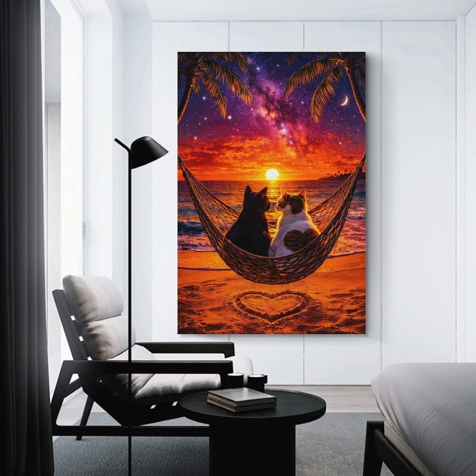 Junmoney Cats in Hammock at Sunset Wall Art Print, 20x30inch(50x75cm), for Study, Office Or Focused Interiors, Home Office Artwork with Decorative Appeal