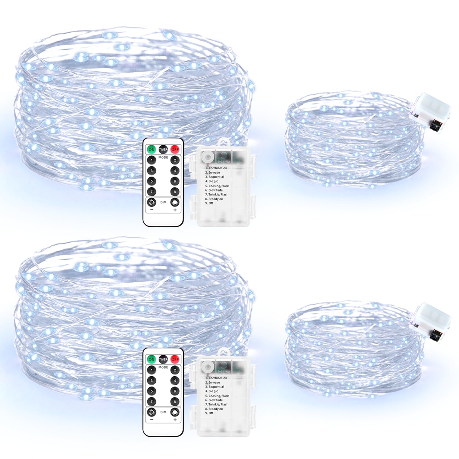Maxee 2 unidades de 20 m + 2 unidades de cadena de luz LED con pilas de 3 m, 8 modos, mando a distancia con temporizador, cadena de luz, IP65, impermeable, hilo de cadena de luces para exteriores,