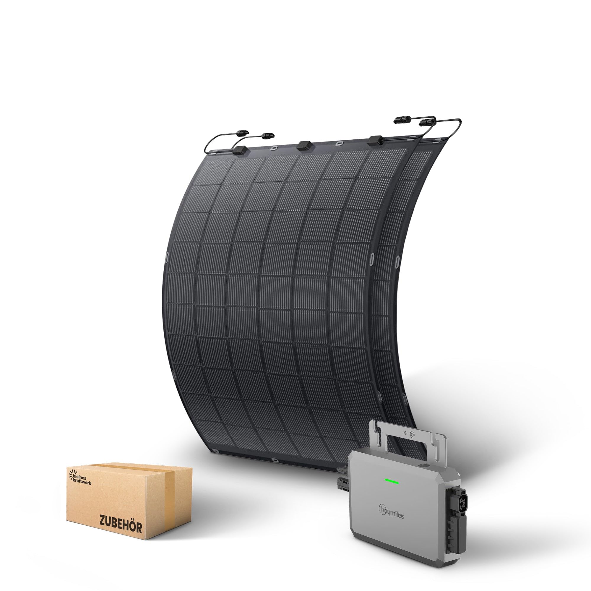 Kleines Kraftwerk Flexibles Balkonkraftwerk 450Wp – Flexible Solarmodule 2×225W Set inkl. Wechselrichter & Anschlusskabel – Solarpanel Komplettset für Balkon, Zaun & Sonderflächen