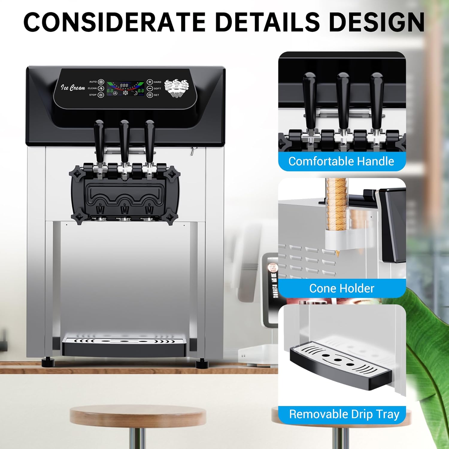 Detailed view of Festisoul YKF-8216T components including comfortable handle, cone holder, and removable drip tray.