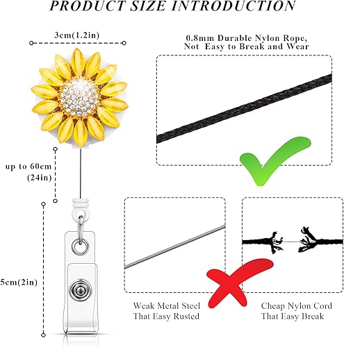 Miniatura 2 de Outus 5 carretes de cristal retráctiles con diamantes de imitación para identificación, lindo carrete de insignia con clip giratorio de cocodrilo