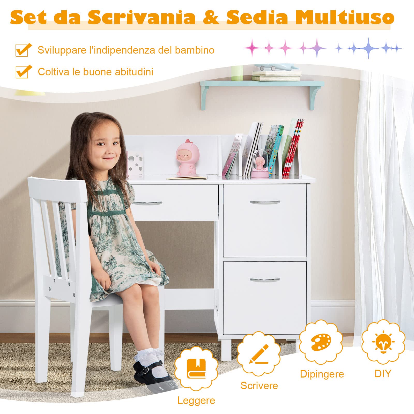 COSTWAY Set di Scrivania e Sedia per Bambini, Scrivania per Bambini con Cassetto e Armadietti, Ideale per Camera da Letto Sala Studio, 90,5 x 46 x 81 cm (bianco)