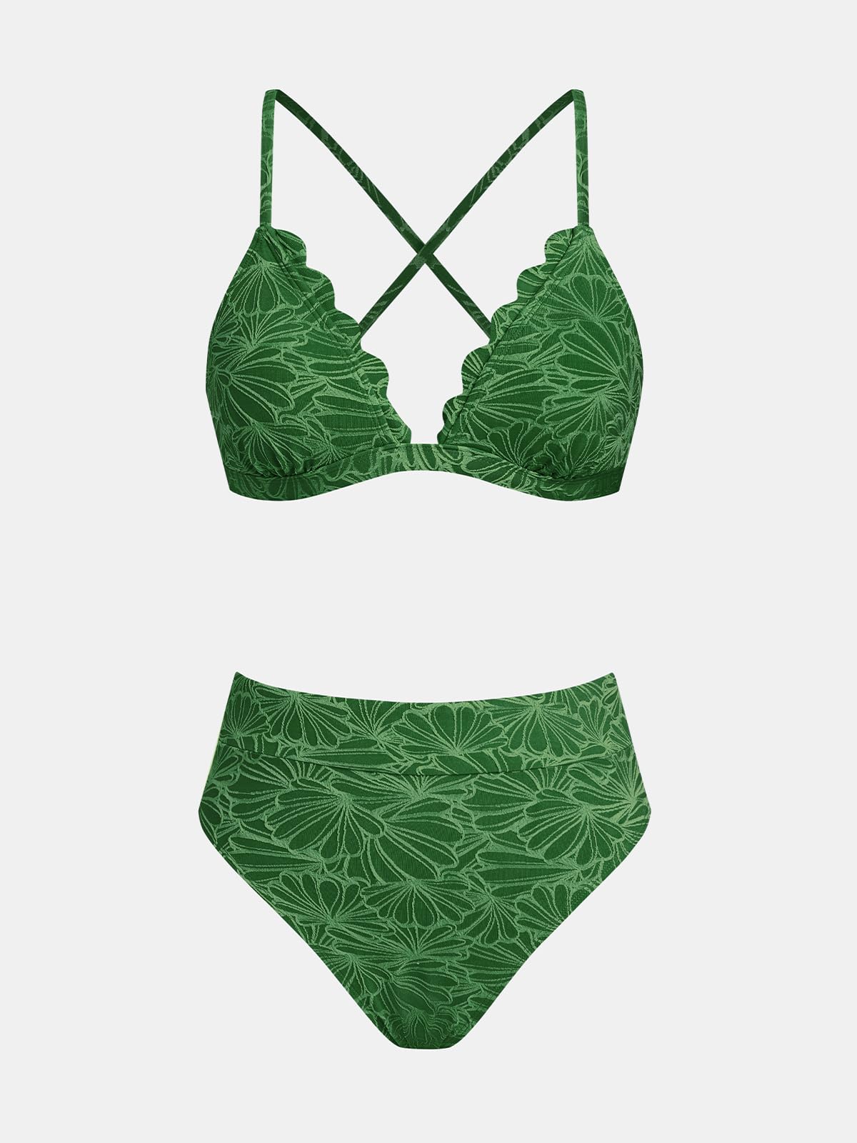 CUPSHE Conjunto de bikini para mujer, traje de baño de cintura alta, cuello en V festoneado, traje de baño de dos piezas