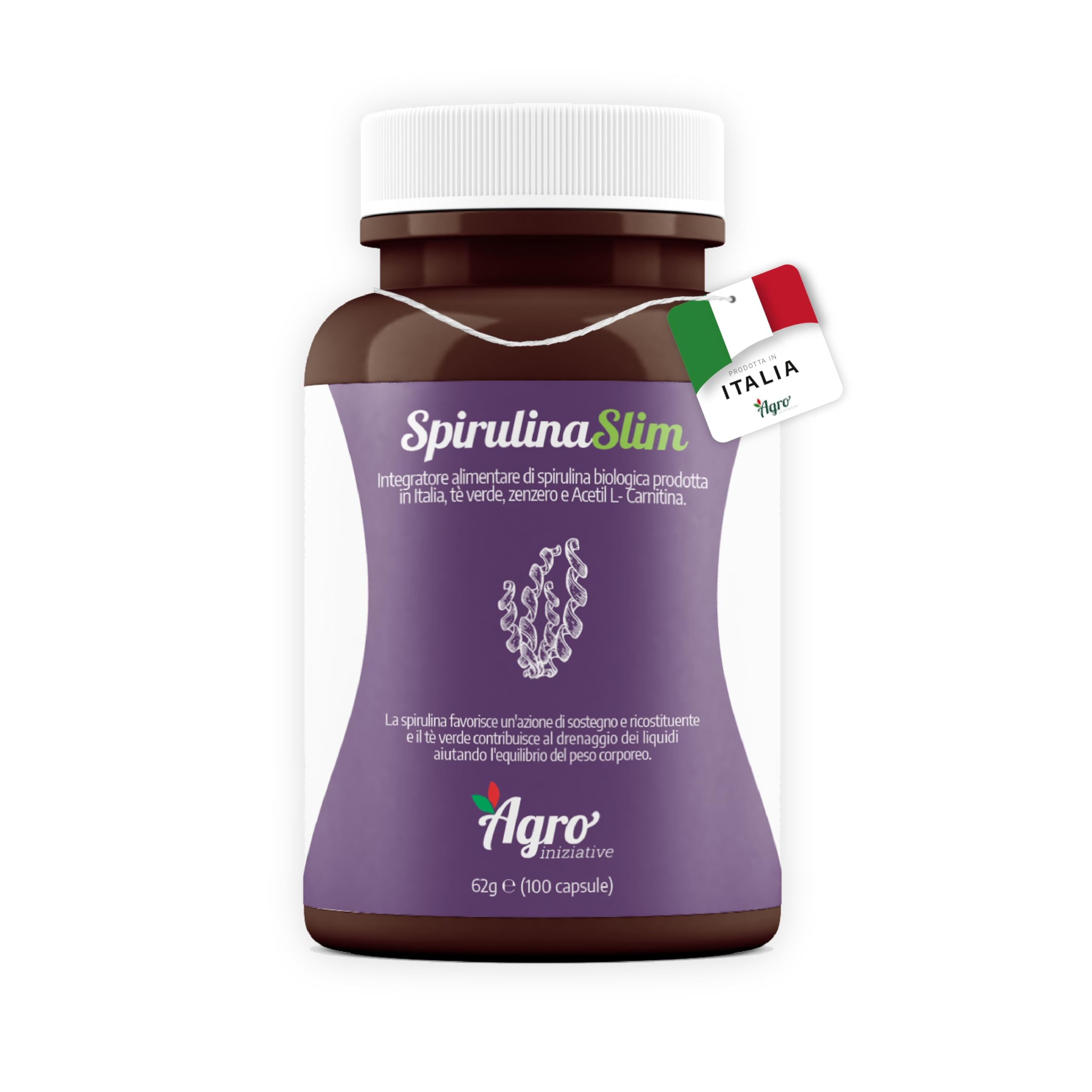 AGROINIZIATIVE SPIRULINA SLIM 100 Cps Alga Spirulina Biologica Drenante Efficace Senza Iodio E Caffeina Spirulina Detox Effetto Sazietà Con Zenzero Acetil L-Carnitina E Greenselect PRODOTTA IN ITALIA