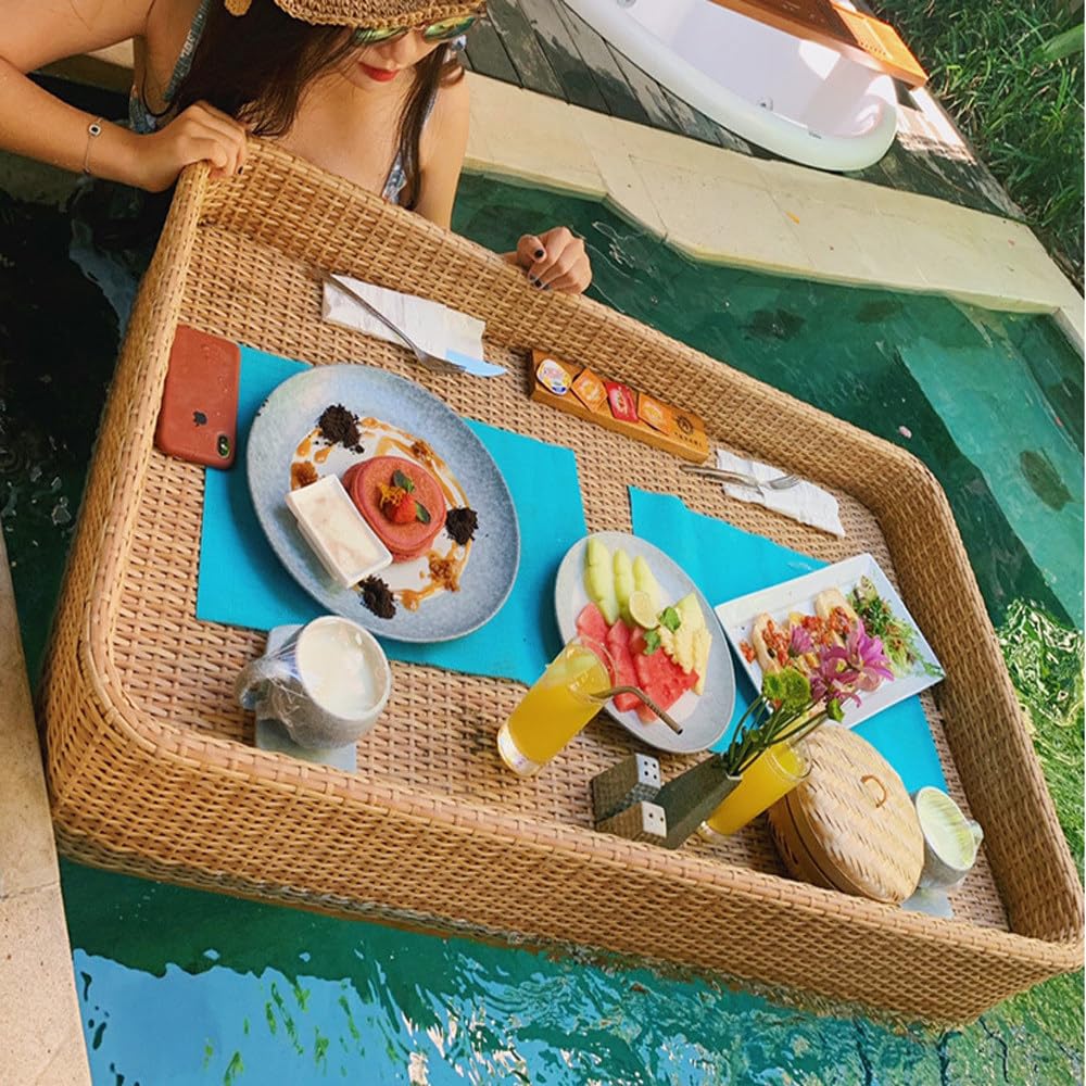 Bandeja flotante de ratán extra hecha a mano para piscina, fiesta en la playa y jacuzzi, perfecta para bebidas y aperitivos, 80 x 80 x 15 cm, accesorio ideal para el verano