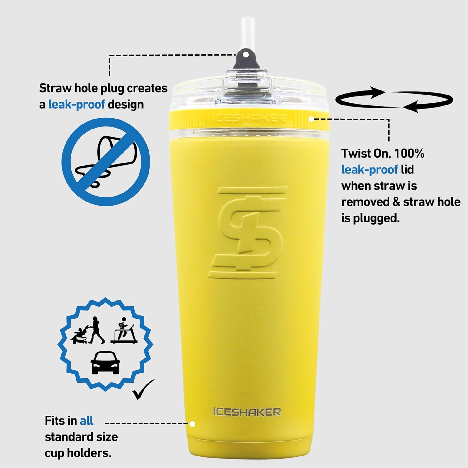 Ice Shaker 26 Oz Tumbler, Insulated Water Bottle with Straw, Stainless Steel Bottle, As Seen on Shark Tank, Water Bottle with Straw, Yellow