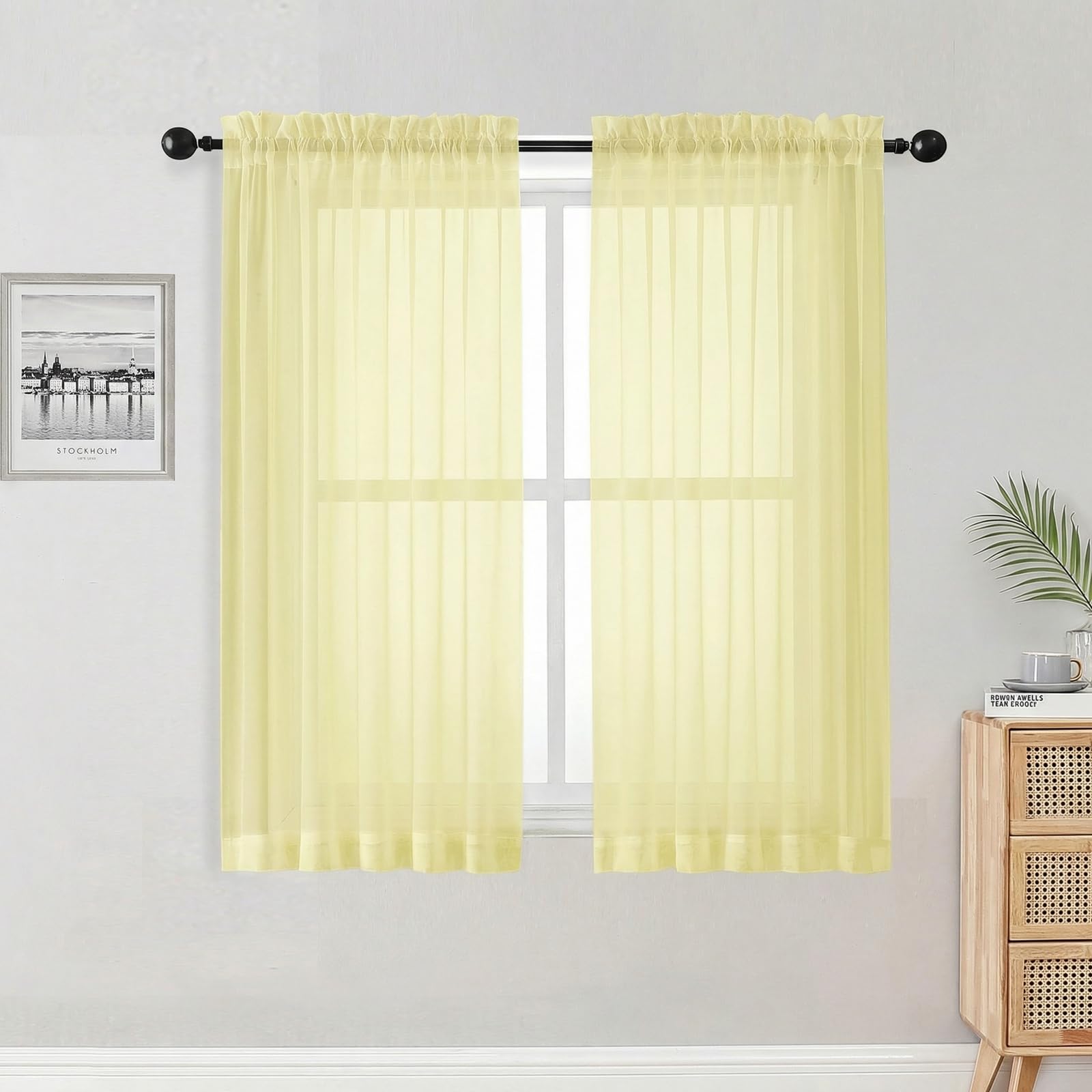 Short Sheer Curtains for Bedroom Living Room 54 Inch Length 2 Panels Set, Soft Solid Light Filtering Sheer Curtain for Small Window, 2 Pcs Total 84 Width 54 Long, Light Yellow